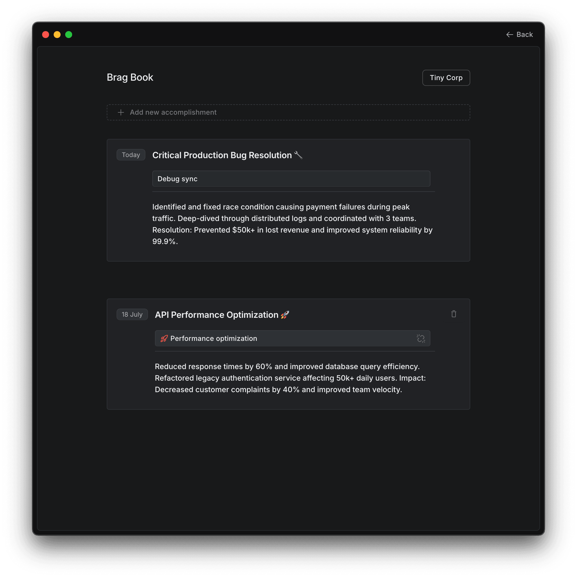 Example of a professional brag book showing accomplishments, metrics, and career highlights
