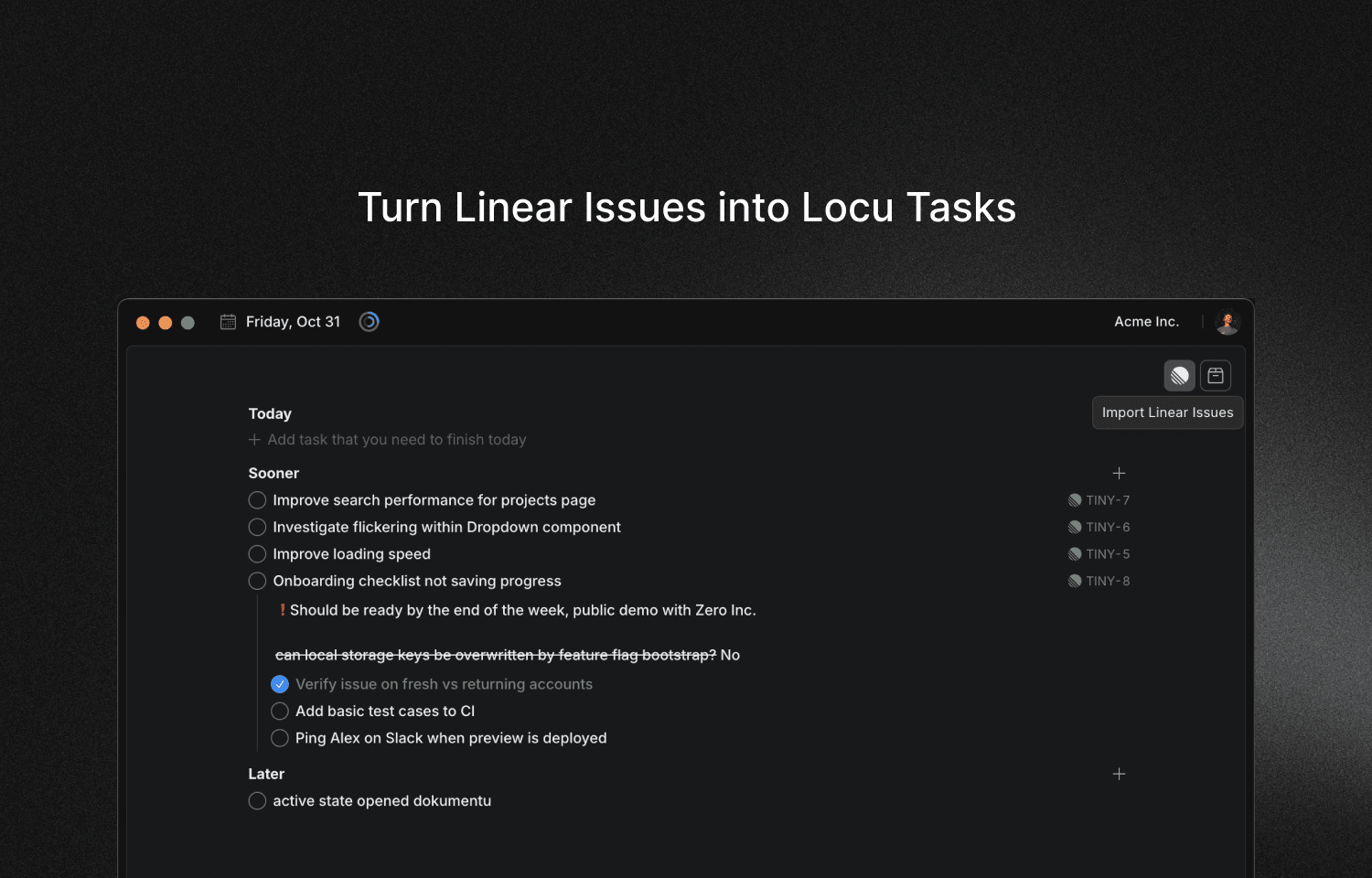 Import Linear issues into Locu to focus and track time