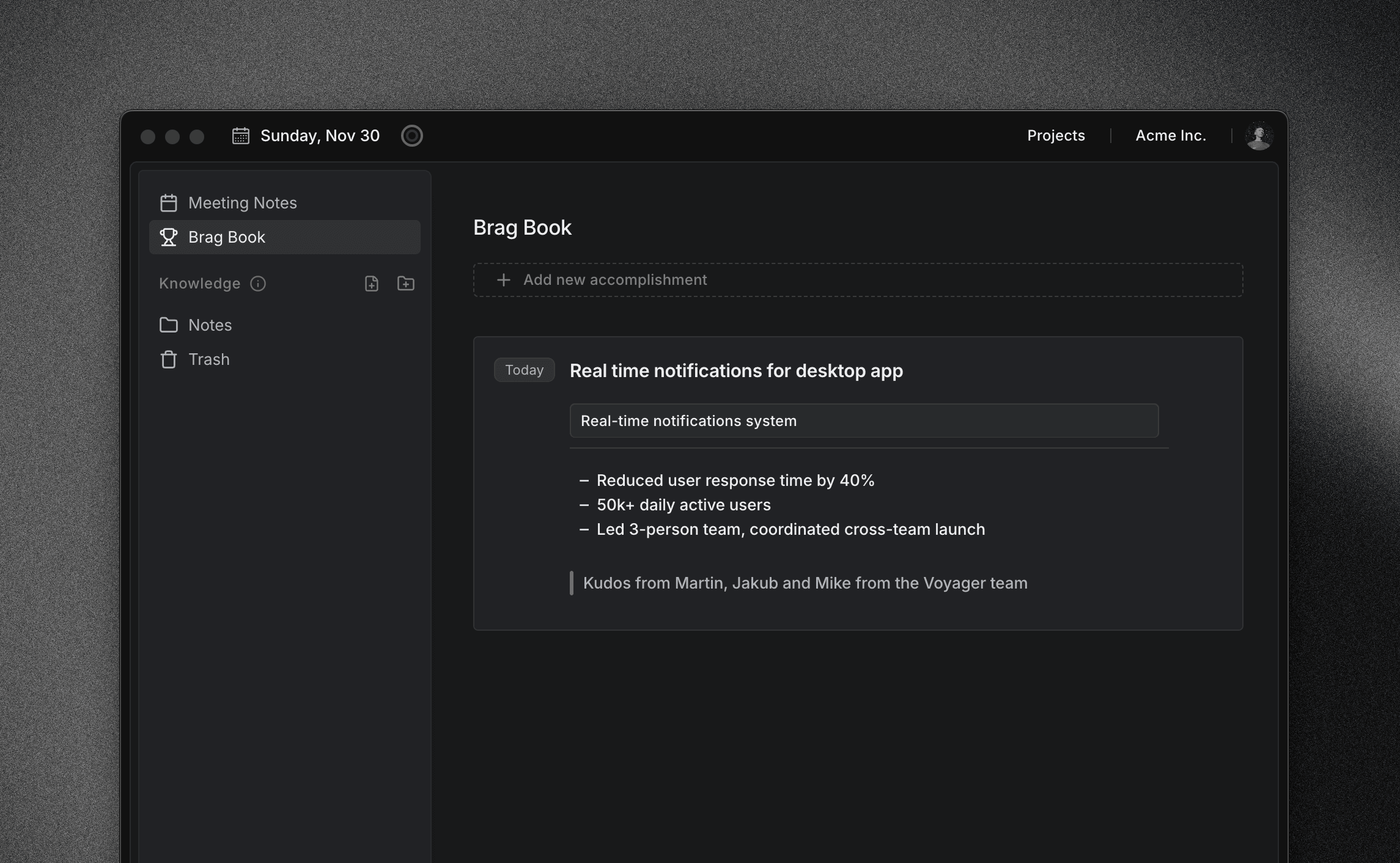 Example of a brag document record in Locu app