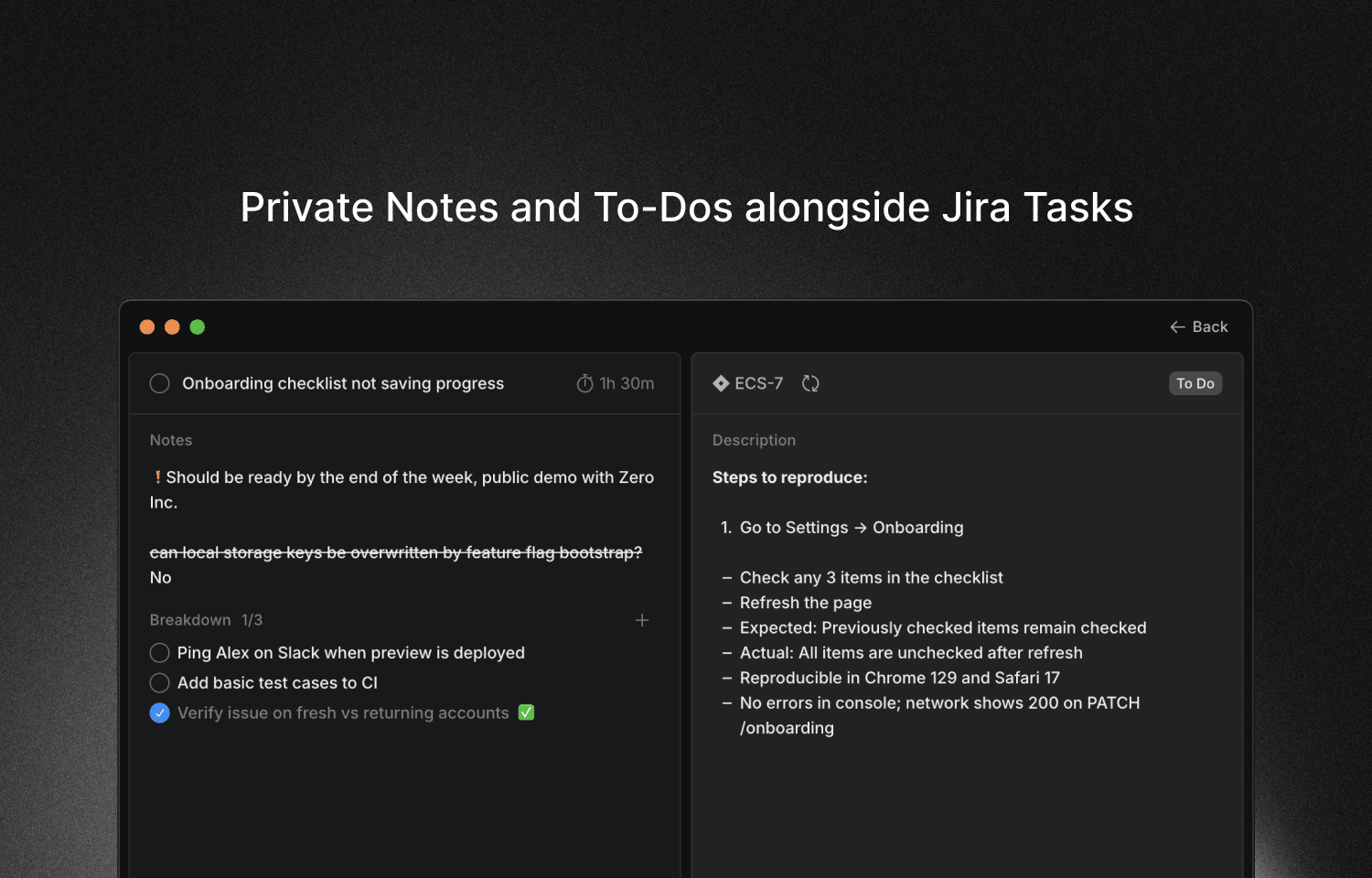 Jira issue details alongside your private notes in Locu