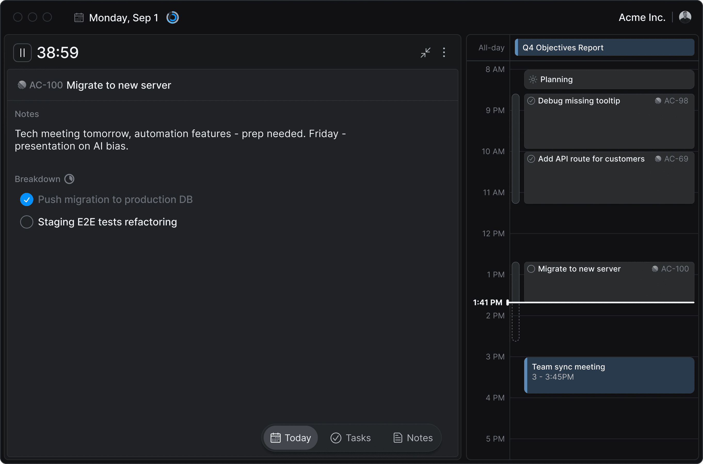 Locu productivity app interface showing task management, focus timer, and unified workspace