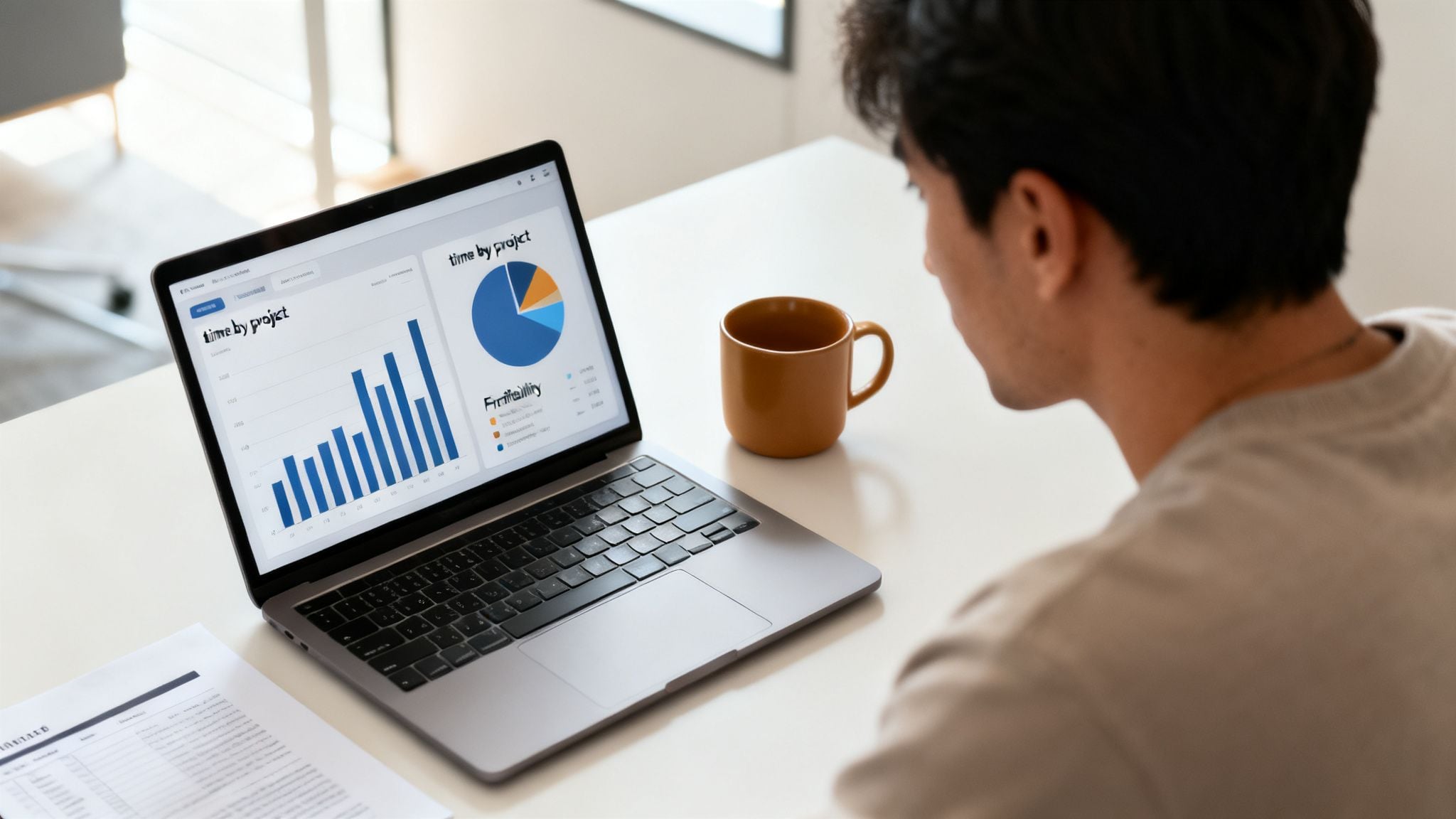 A person works on a laptop displaying charts and graphs for time and project data.