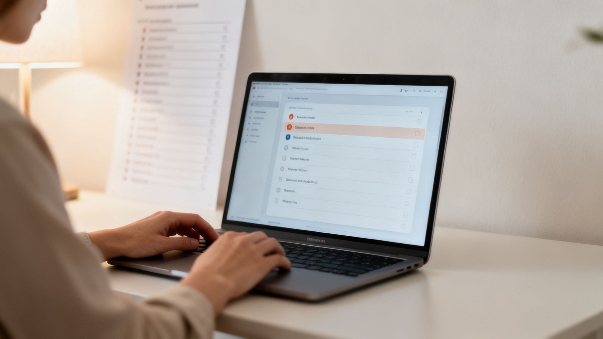 A person typing on a laptop, using a task management application with a checklist.