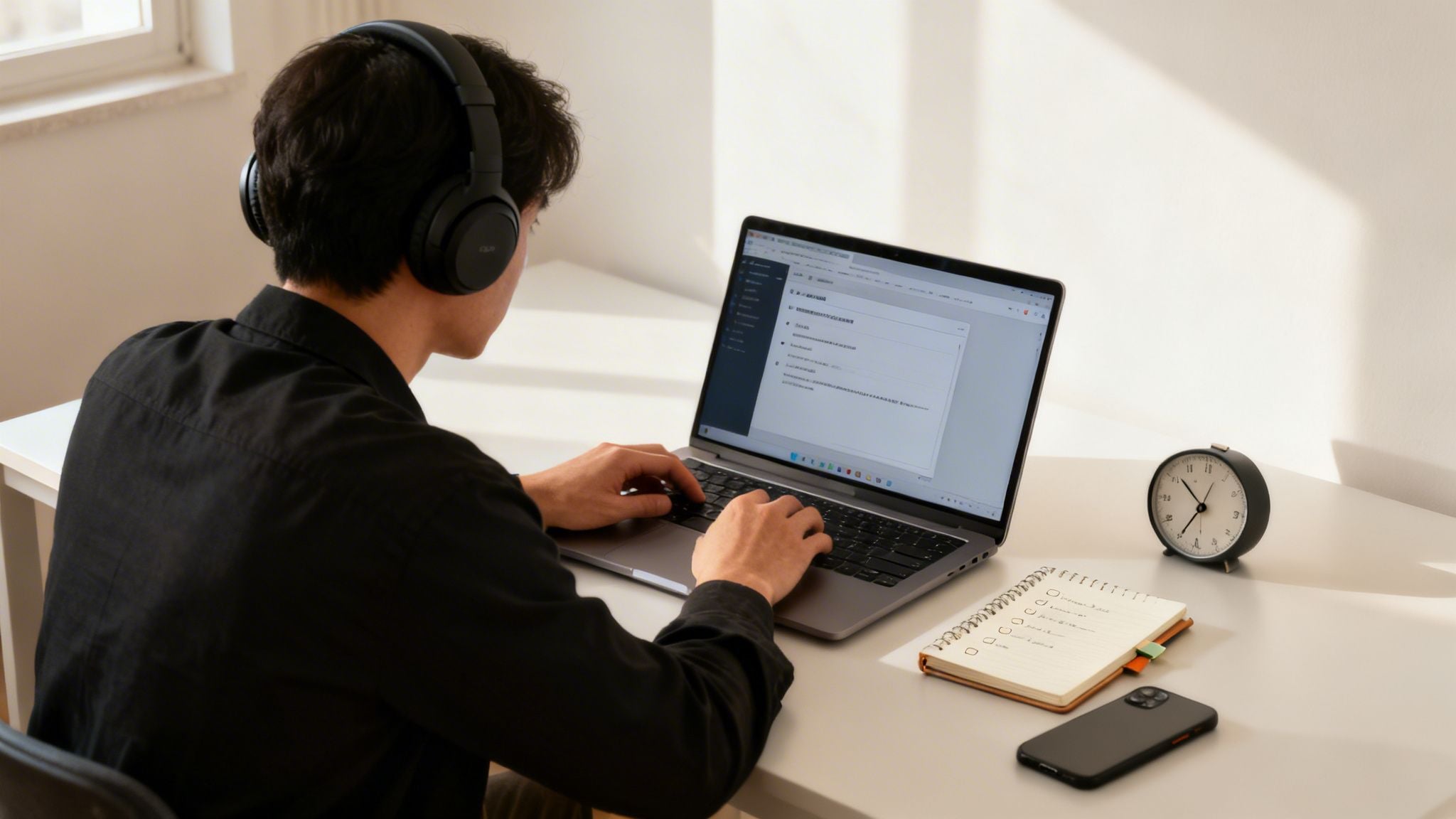 A person wearing headphones works on a laptop, surrounded by a checklist notebook and an alarm clock.
