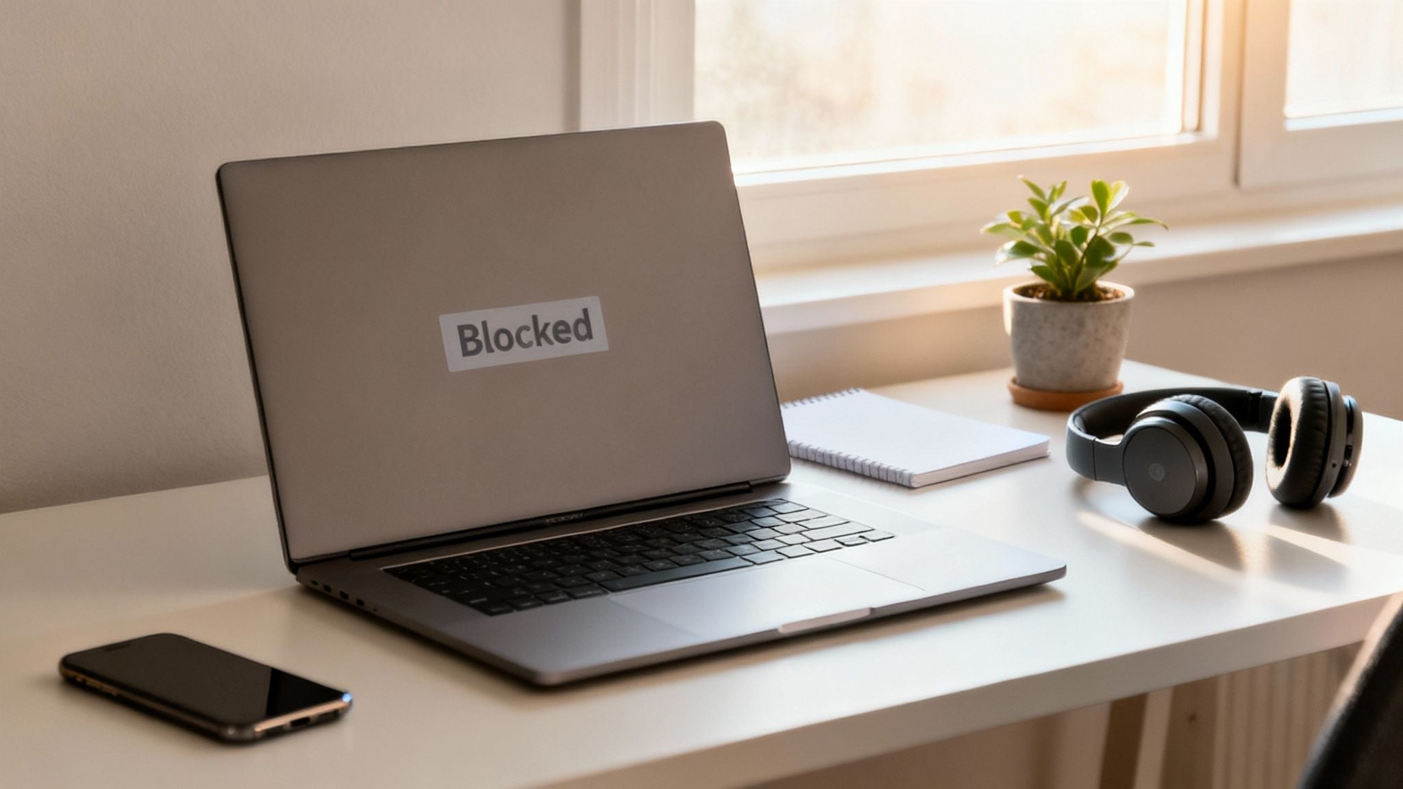 A laptop displaying 'Blocked' on its screen sits on a bright desk with headphones, phone, and plant.