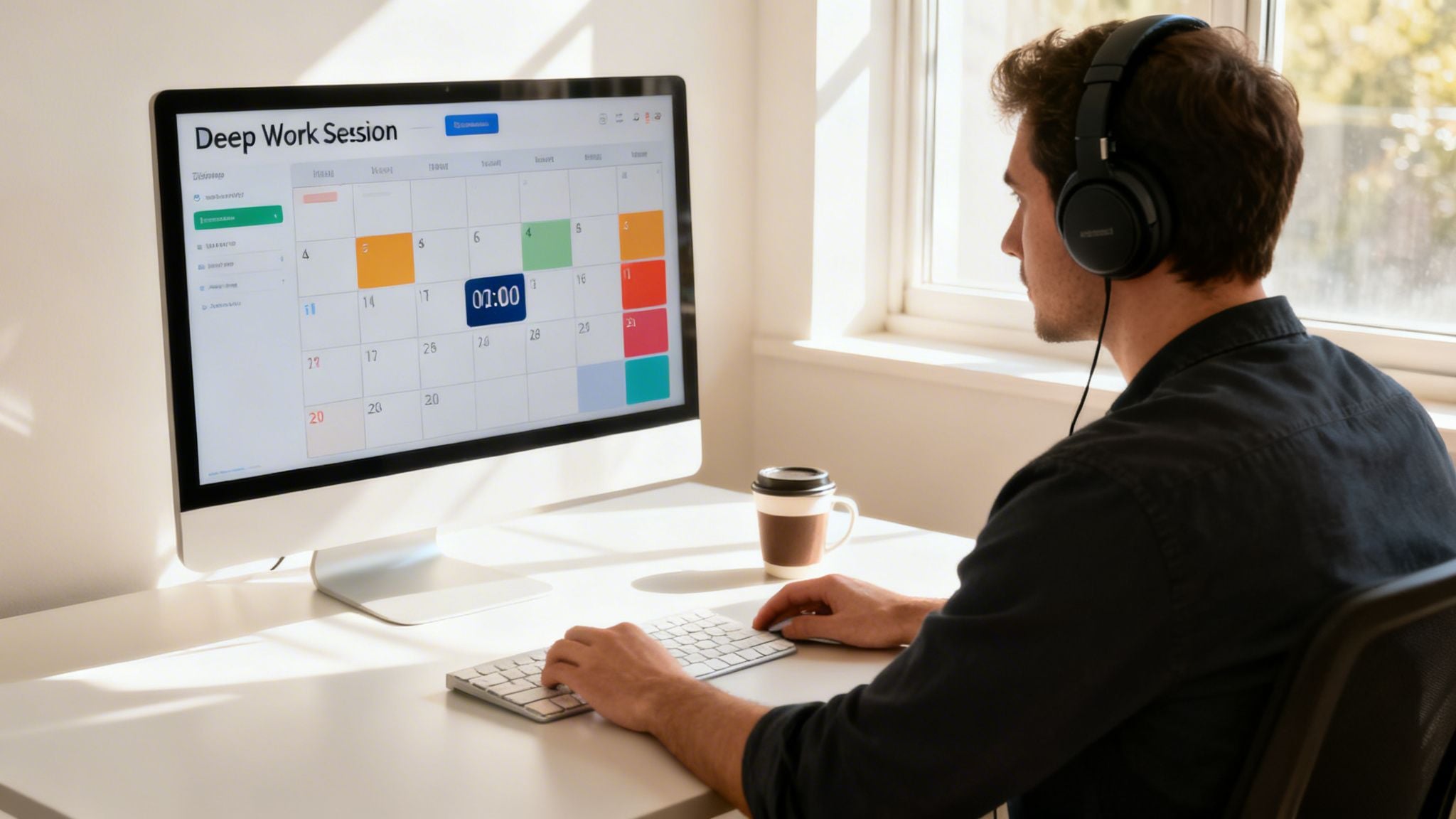A man with headphones intently views a computer monitor displaying a time tracking calendar.