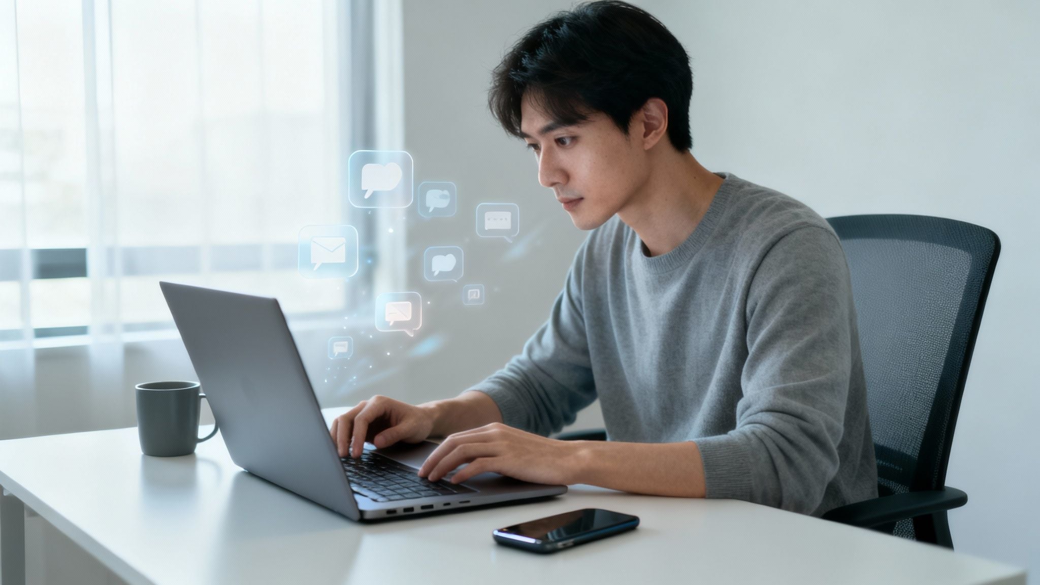 Young man in a grey sweater intently typing on a laptop with digital message icons.
