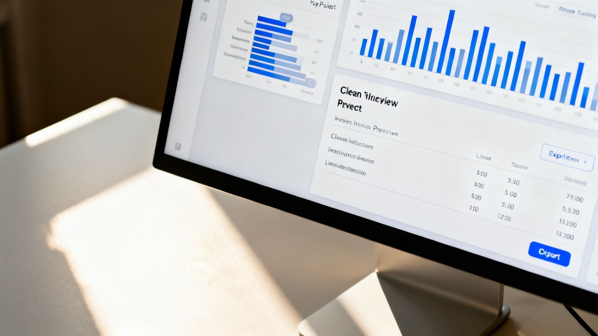 A computer monitor displaying a data dashboard with various graphs, charts, and tables.