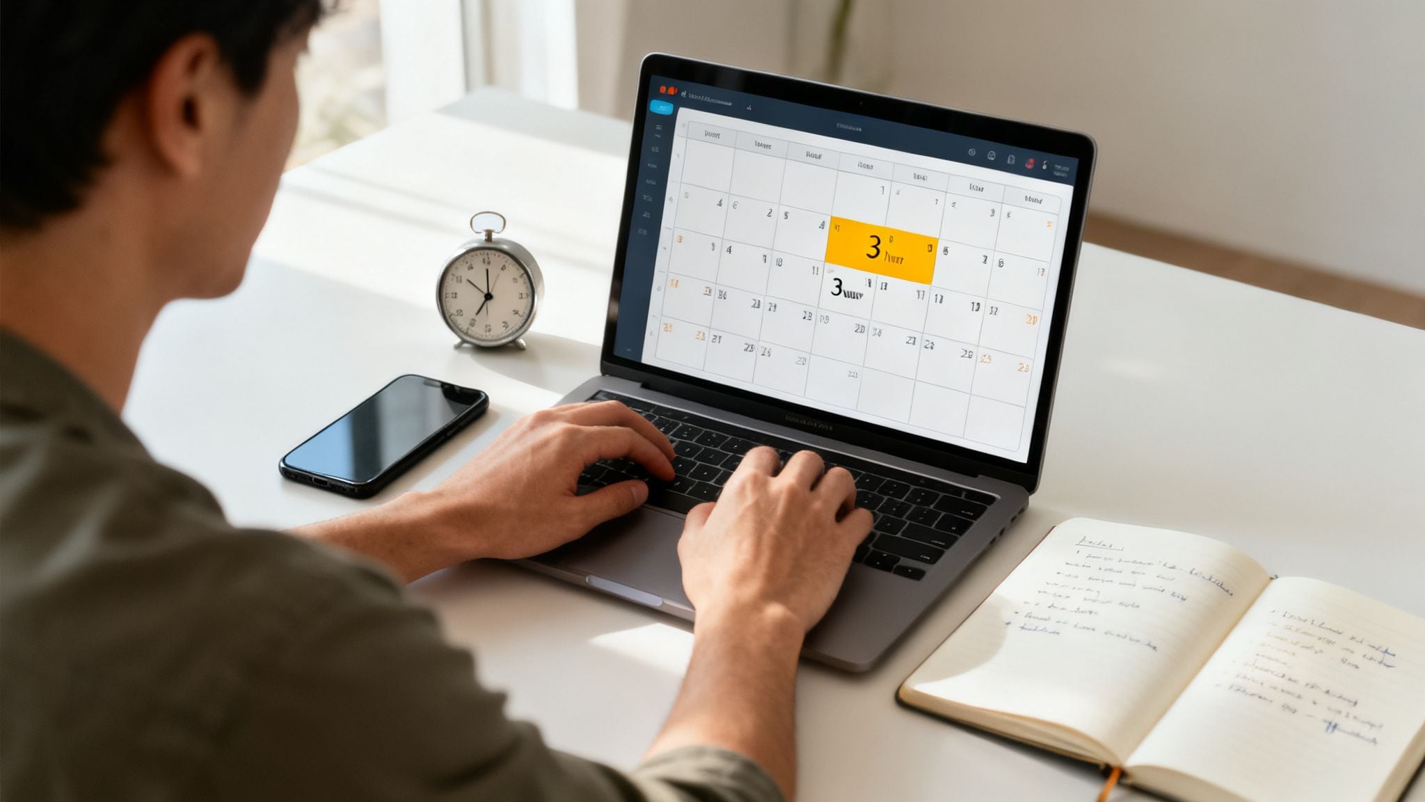 A person types on a laptop displaying a calendar app, with a smartphone, alarm clock, and notebook on the desk.