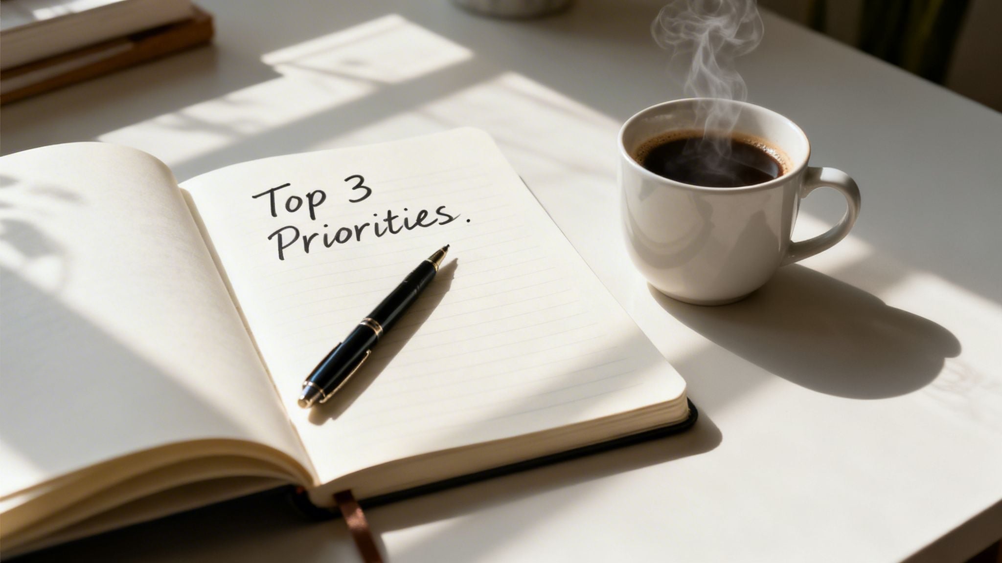 A notebook with 'Top 3 Priorities' written, a pen, and a steaming coffee mug on a sunlit table.