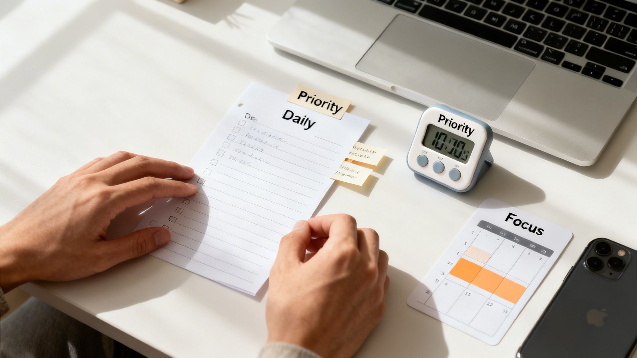 A person's hands interacting with a daily to-do list, timer, and calendar on a bright desk.