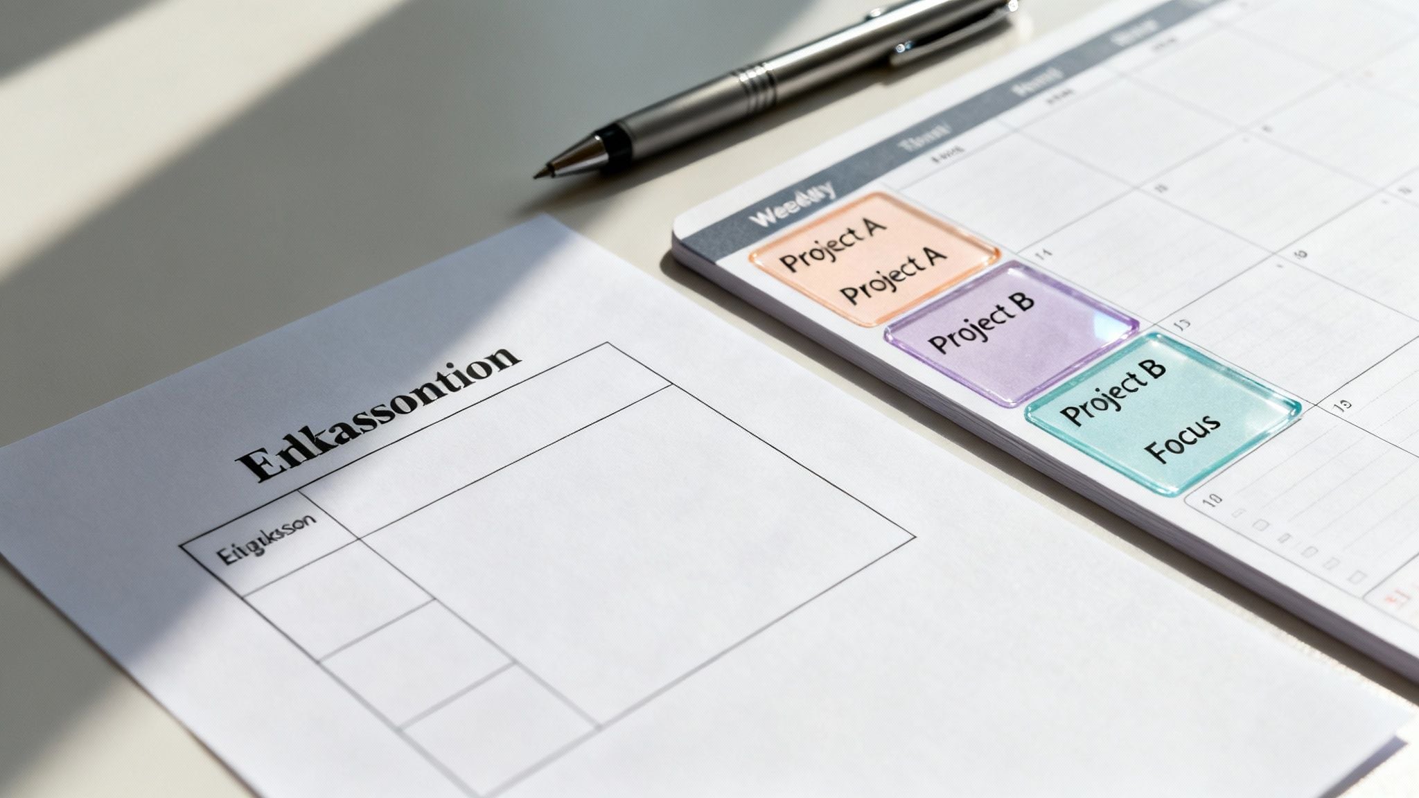 A desk with a planner showing 'Project A' and 'Project B' tasks, a document, and a pen.