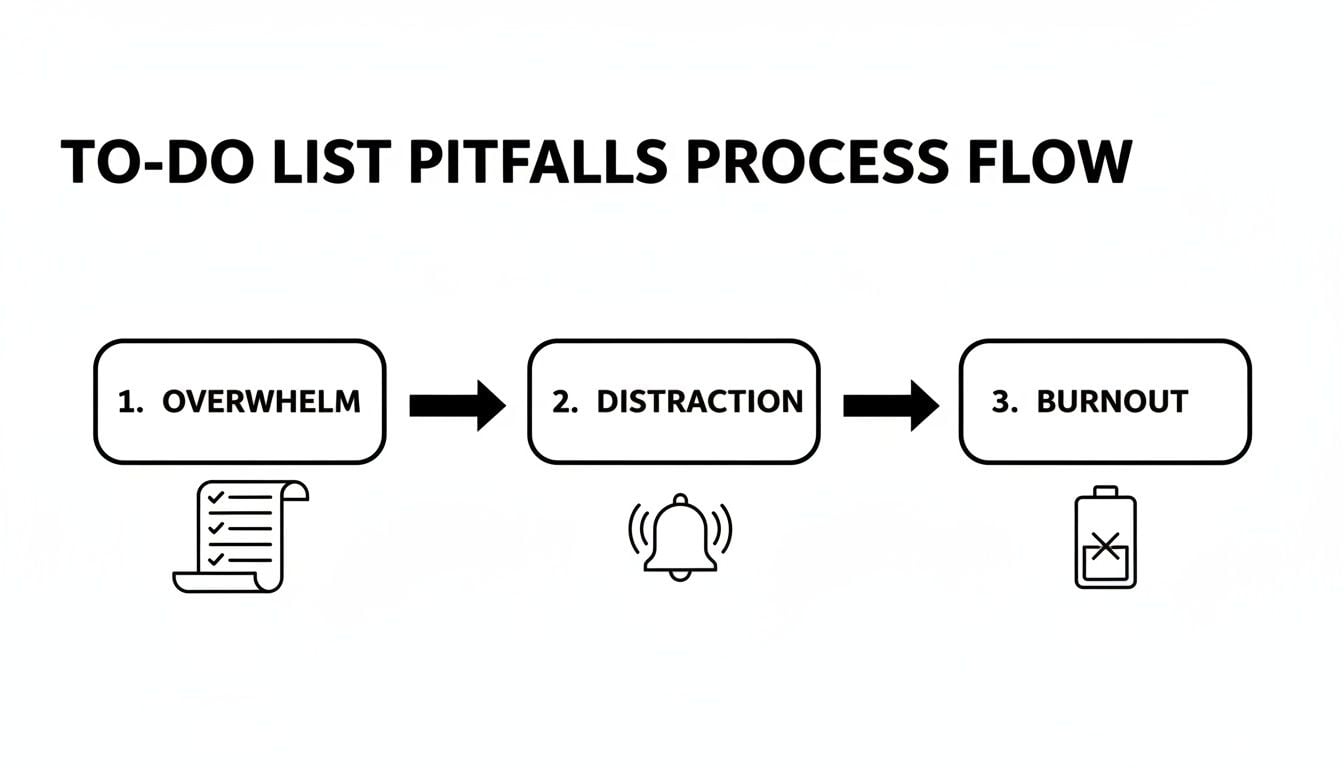 A process flow illustrating TO-DO LIST PITFALLS: Overwhelm, Distraction, and Burnout, with respective icons.