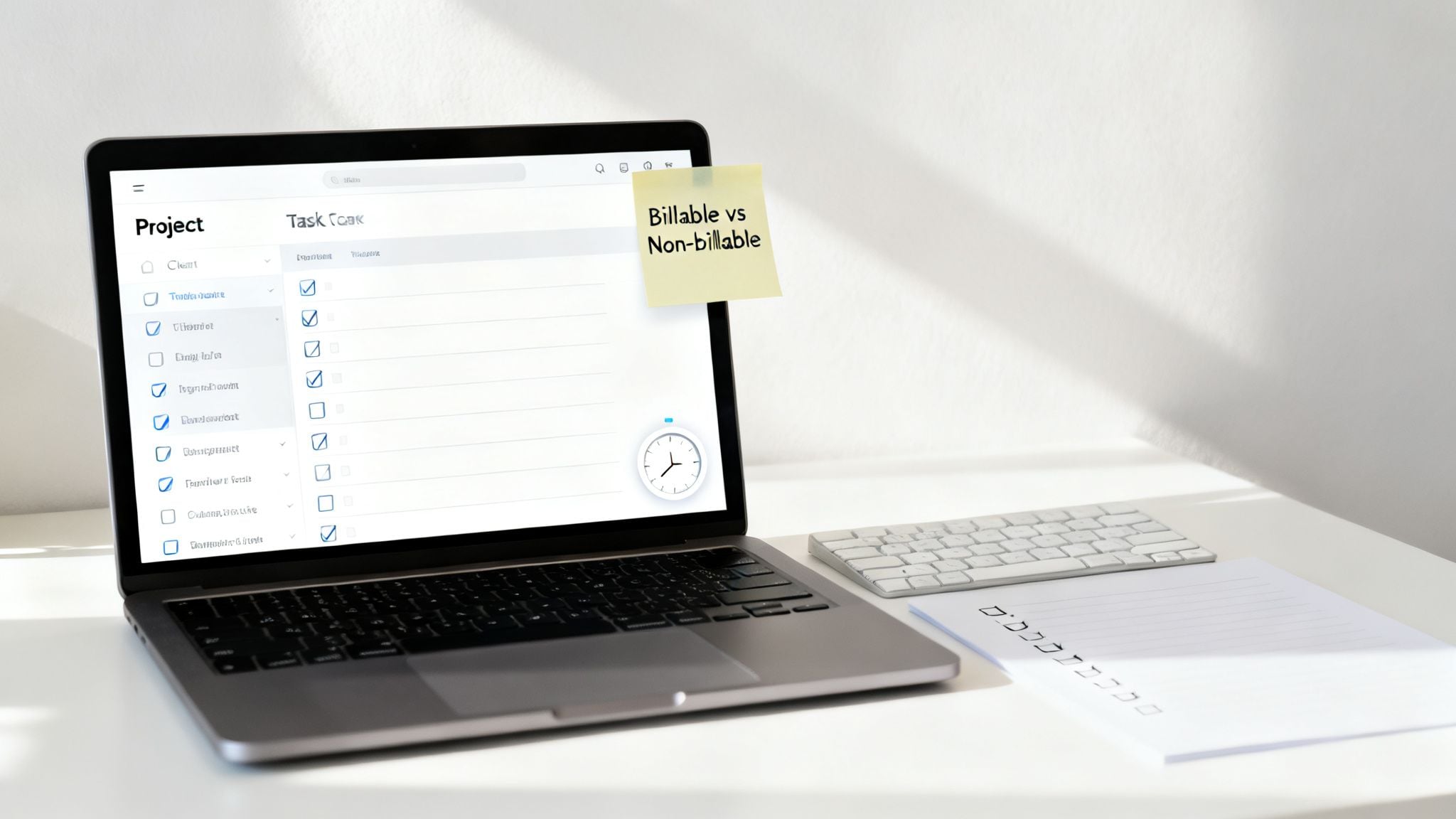A laptop displays a task management application with a clock icon and a sticky note 'Billable vs Non-billable'.