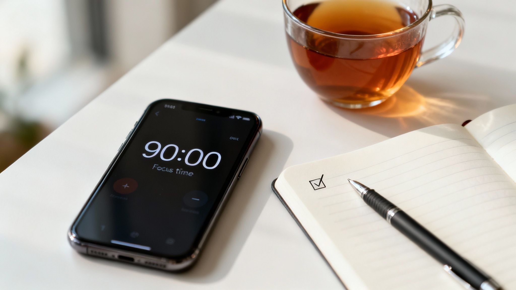 A smartphone displaying a 90-minute focus timer, a cup of tea, and a notebook with a pen on a white desk, symbolizing productivity.