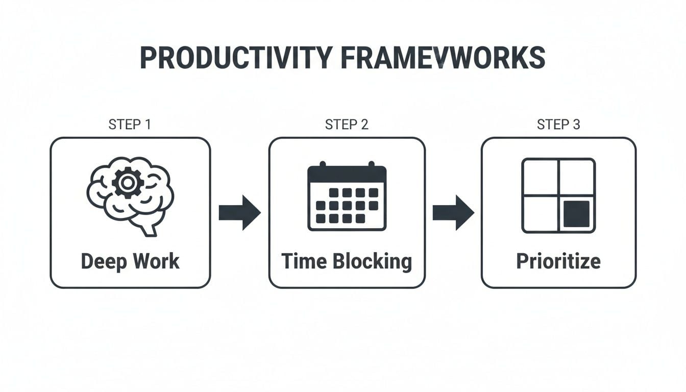 A three-step productivity framework flowchart showing deep work, time blocking, and prioritization.