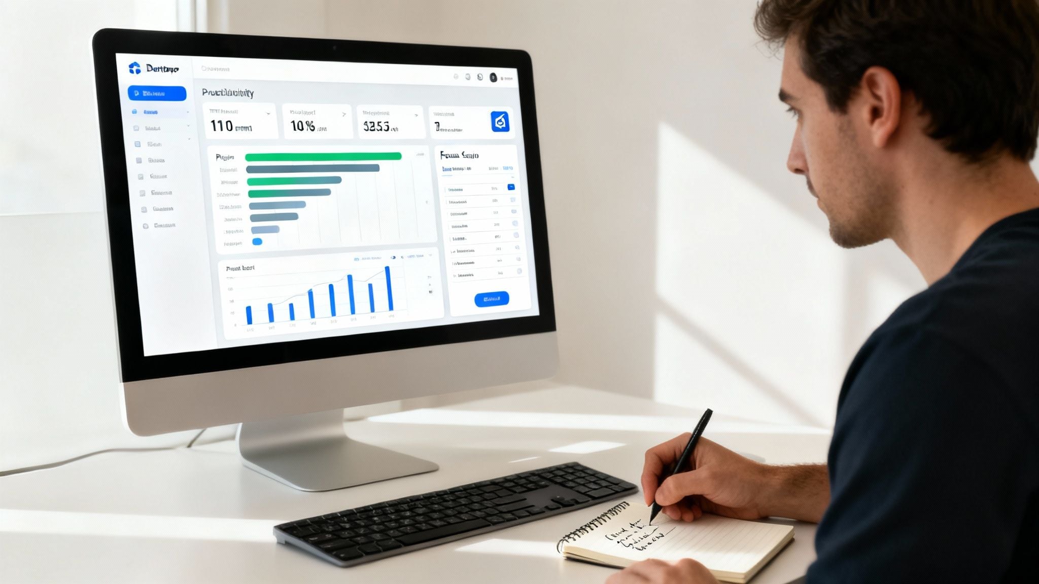 A man analyzes a digital productivity dashboard on a computer screen while taking notes.