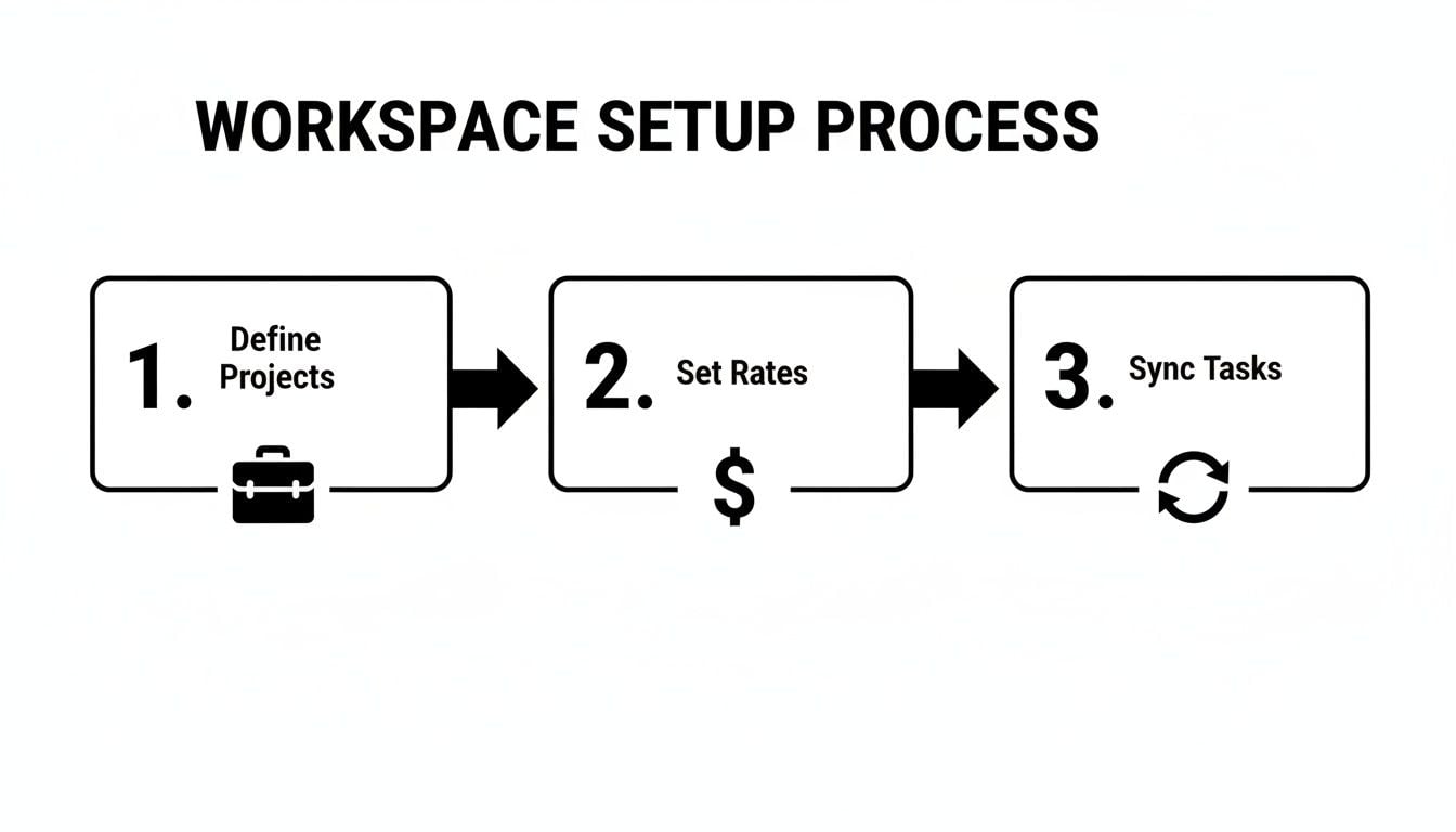 A three-step workspace setup process diagram: Define Projects, Set Rates, and Sync Tasks.