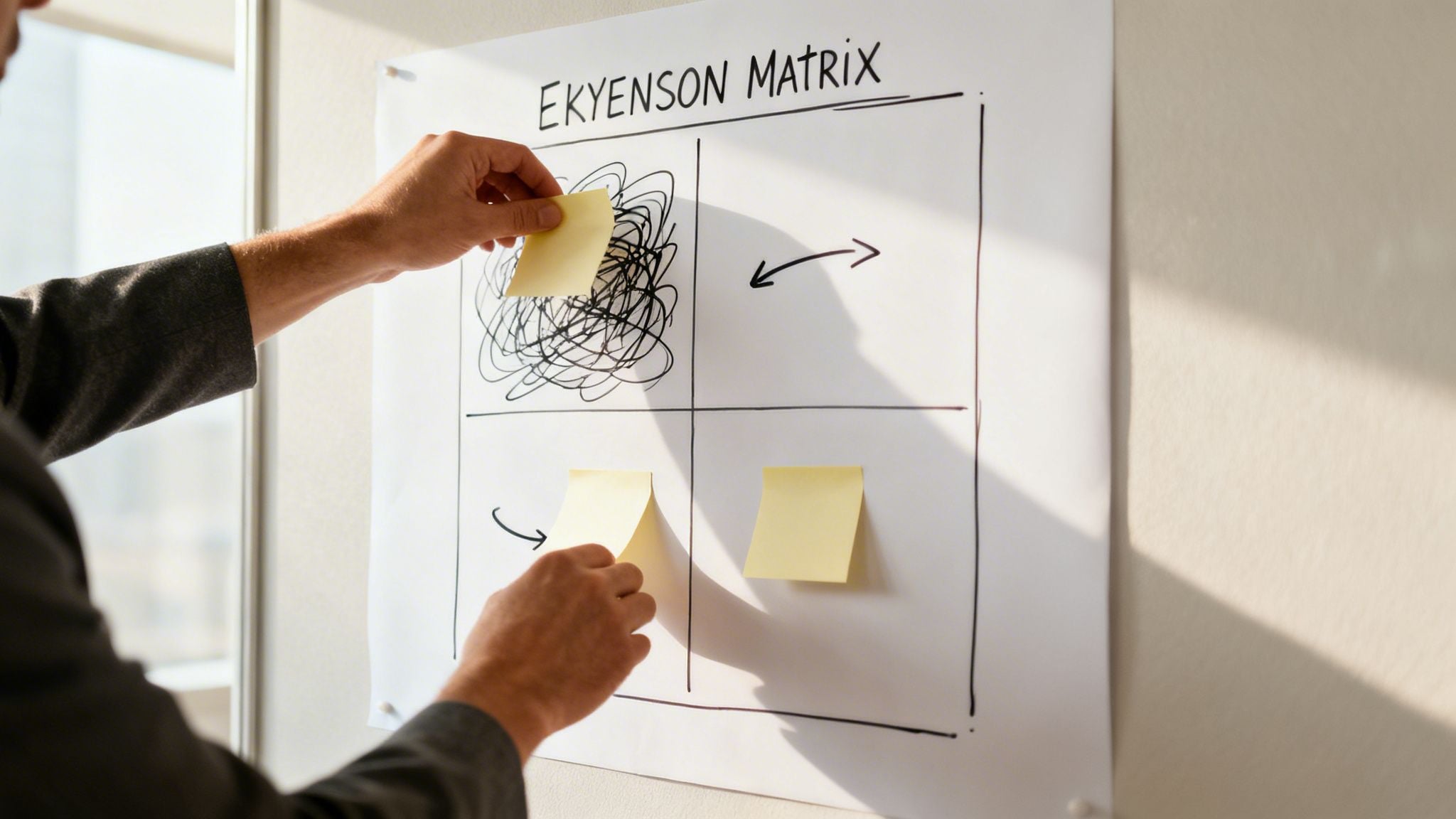 Person's hands placing yellow sticky notes on an 'Ekyenson Matrix' whiteboard.