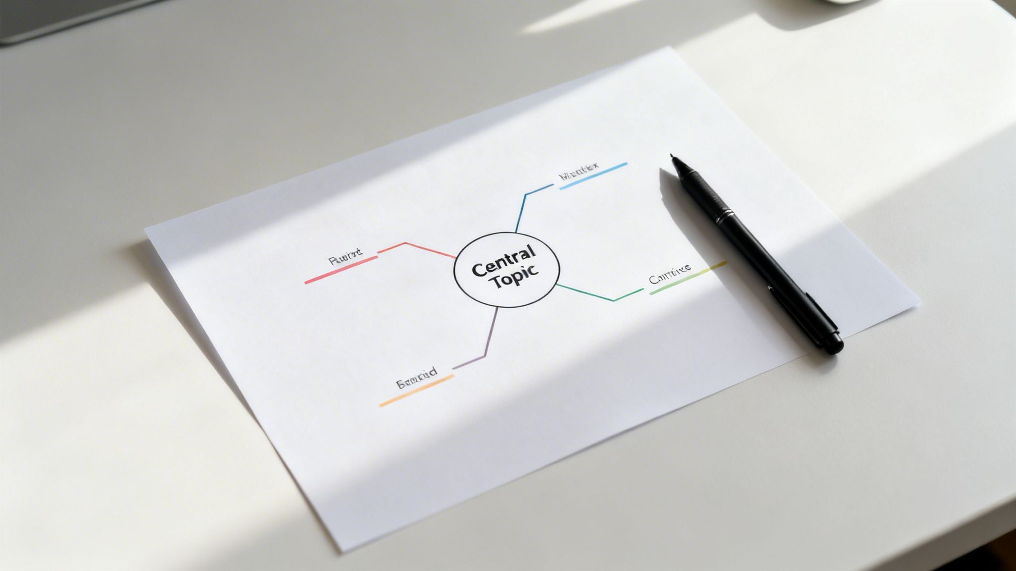 A colorful mind map on a white sheet of paper, featuring a central topic and four branches.