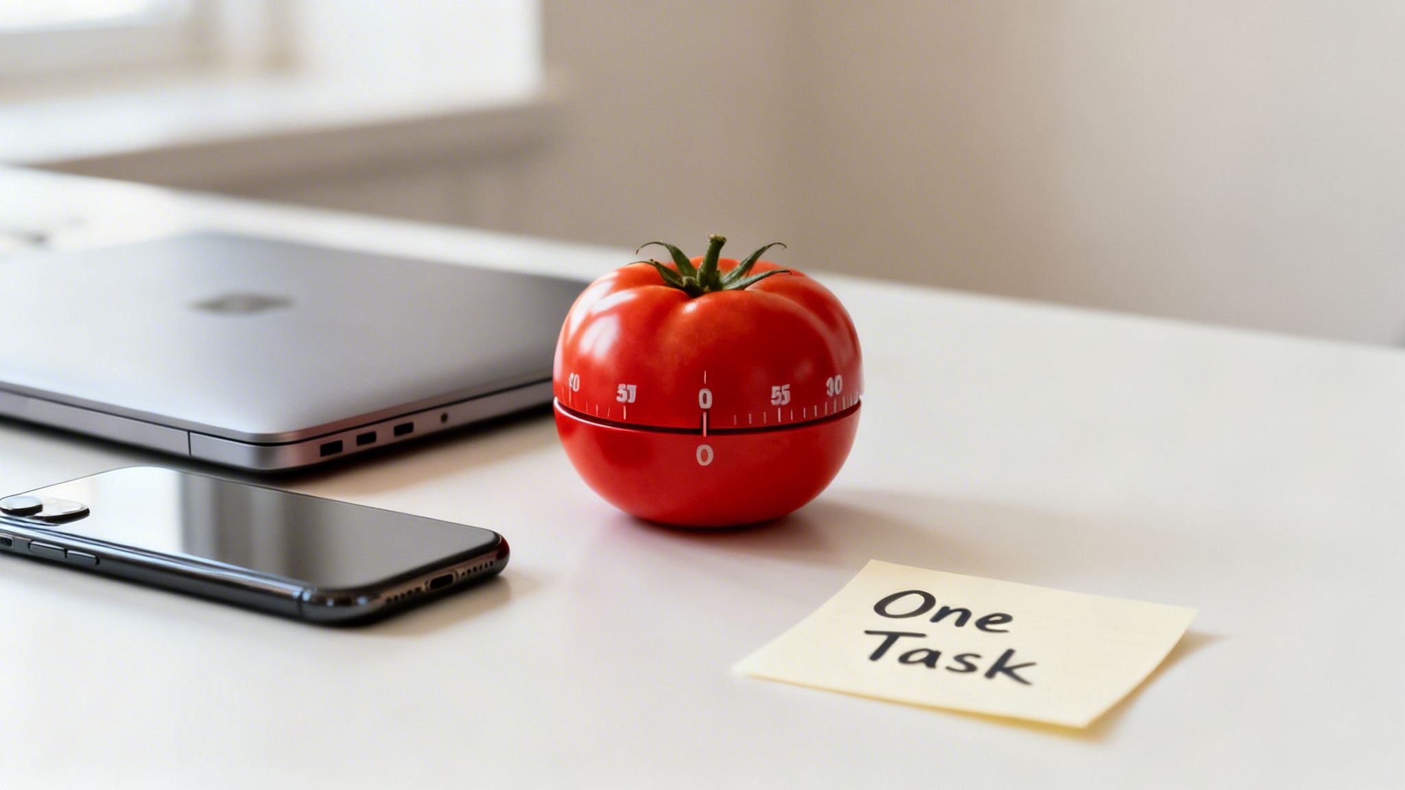 A minimalist desk with a red tomato timer, laptop, phone, and 'One Task' sticky note.
