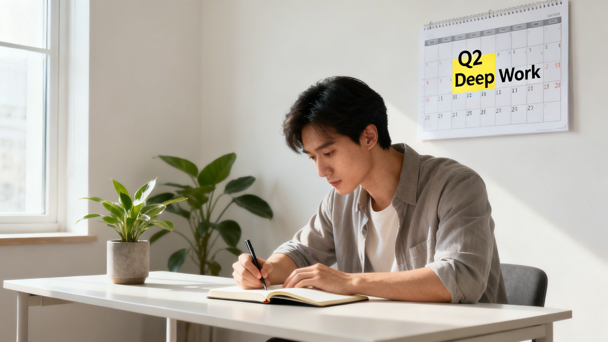 Young man writing in a notebook at a desk with a plant and calendar showing 'Q2 Deep Work'.
