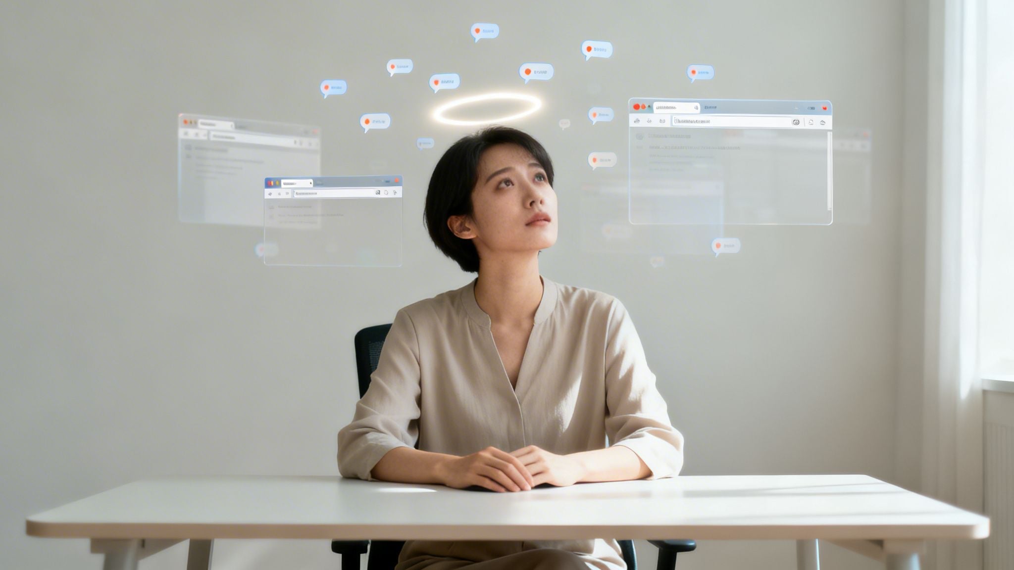 Young woman with a glowing halo, looking at floating browser windows and social media likes.
