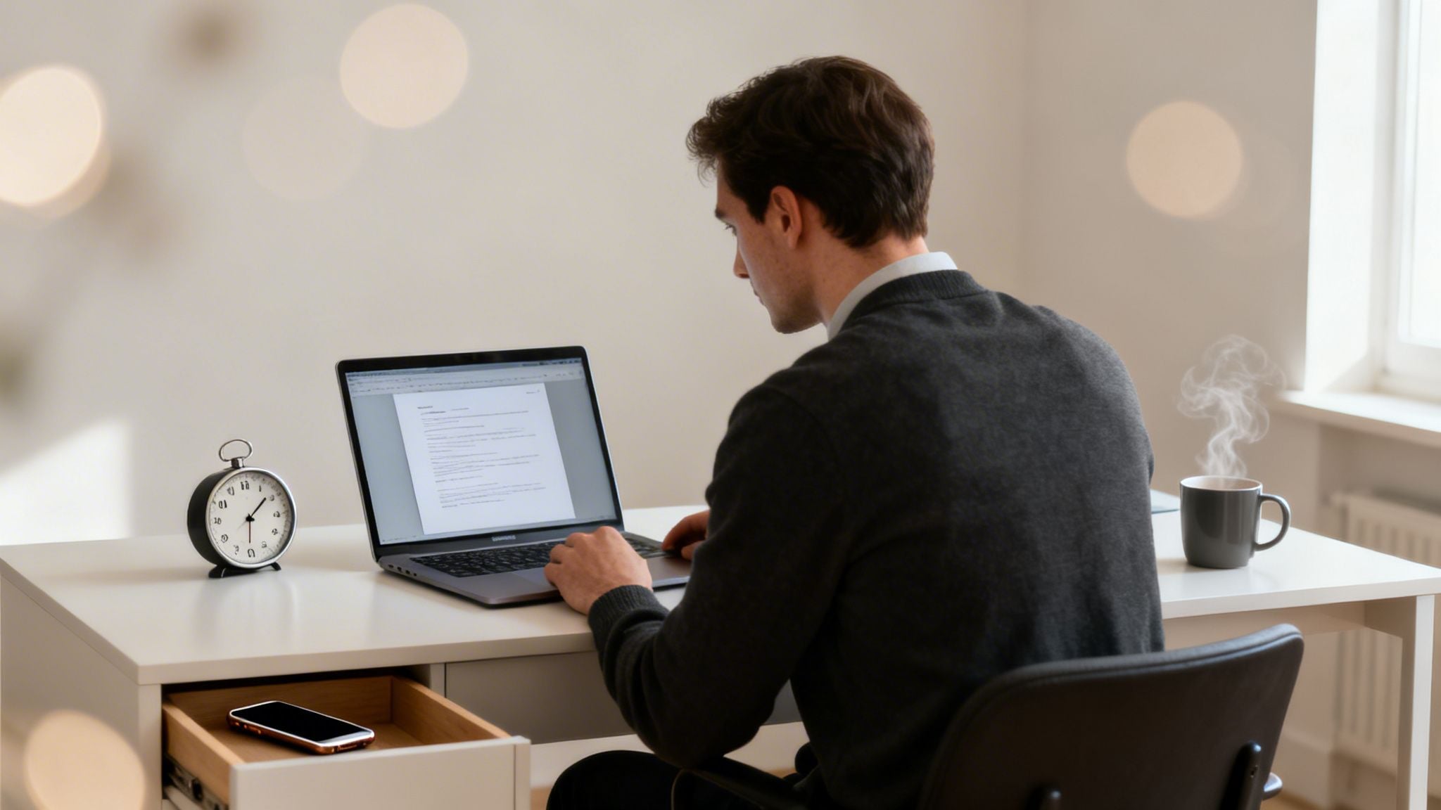 A man working on a laptop at a bright desk with a steaming mug and an alarm clock.