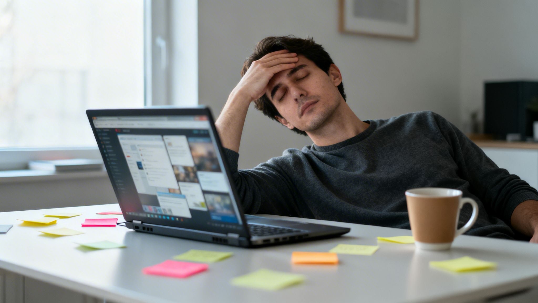A weary man leans back, hand on forehead, at a desk with an open laptop and sticky notes.