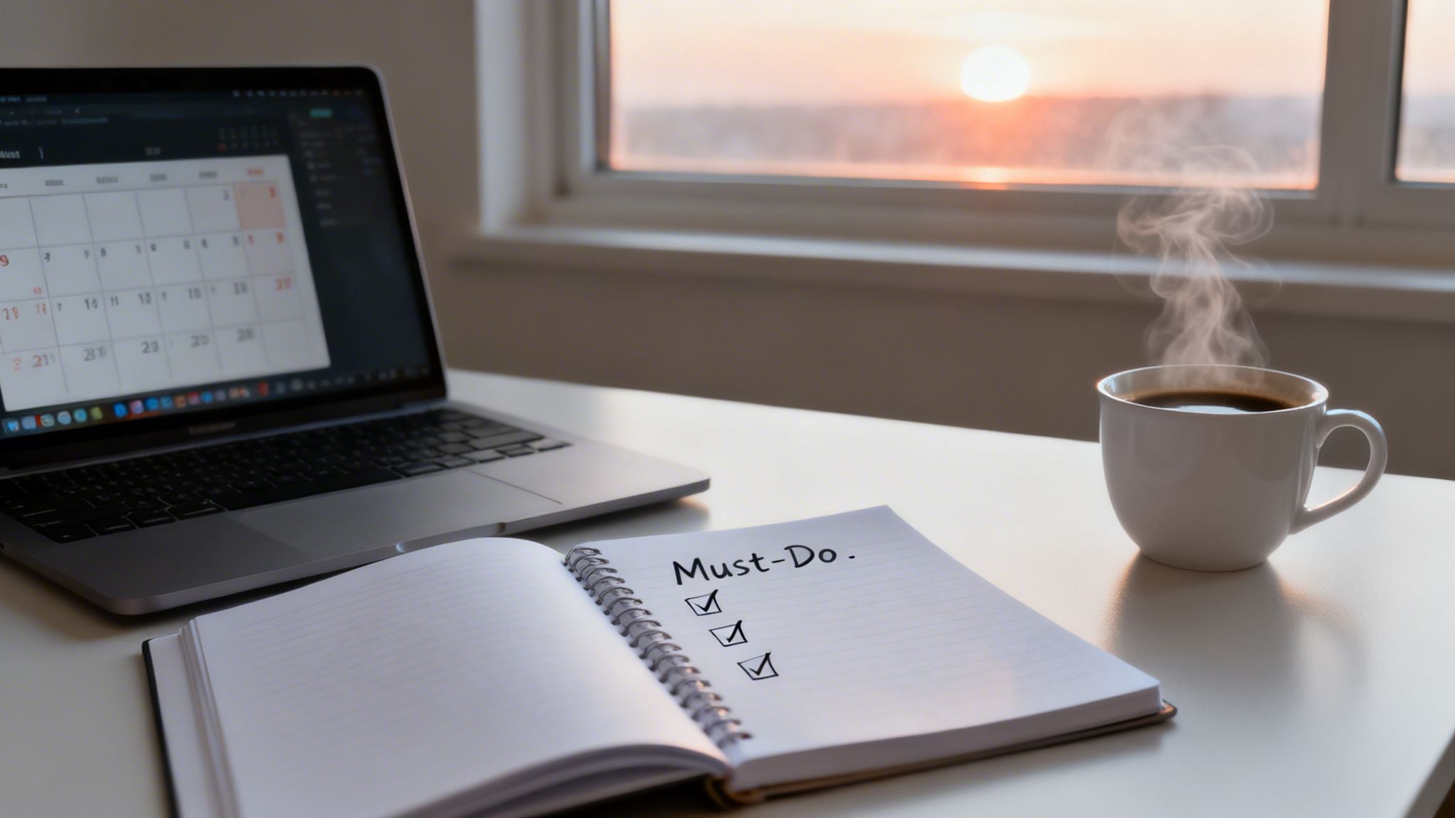 Desk with laptop showing a calendar, 'Must-Do' notebook, and steaming coffee mug by a window at sunset.