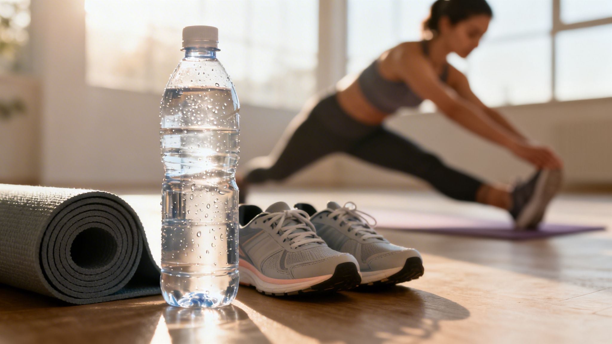 A water bottle, rolled yoga mat, and running shoes on a wooden floor, with a woman stretching.