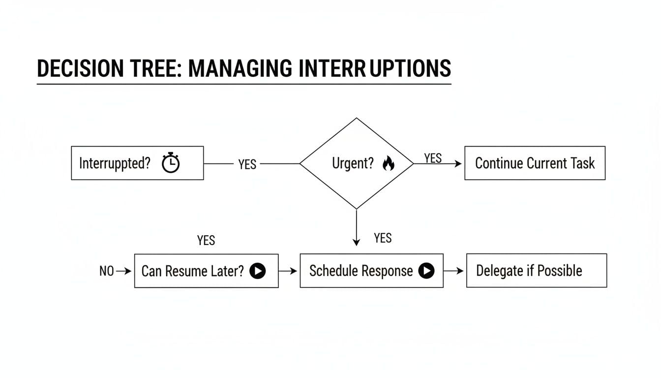 A decision tree flowchart illustrating steps to manage interruptions, starting with 'Interrupted?' and 'Urgent?'.