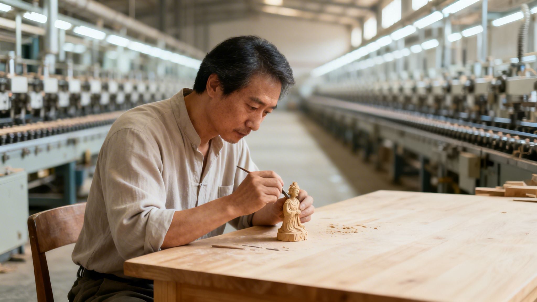 A skilled Asian artisan carves a detailed wooden figurine at a workbench in a bright factory.