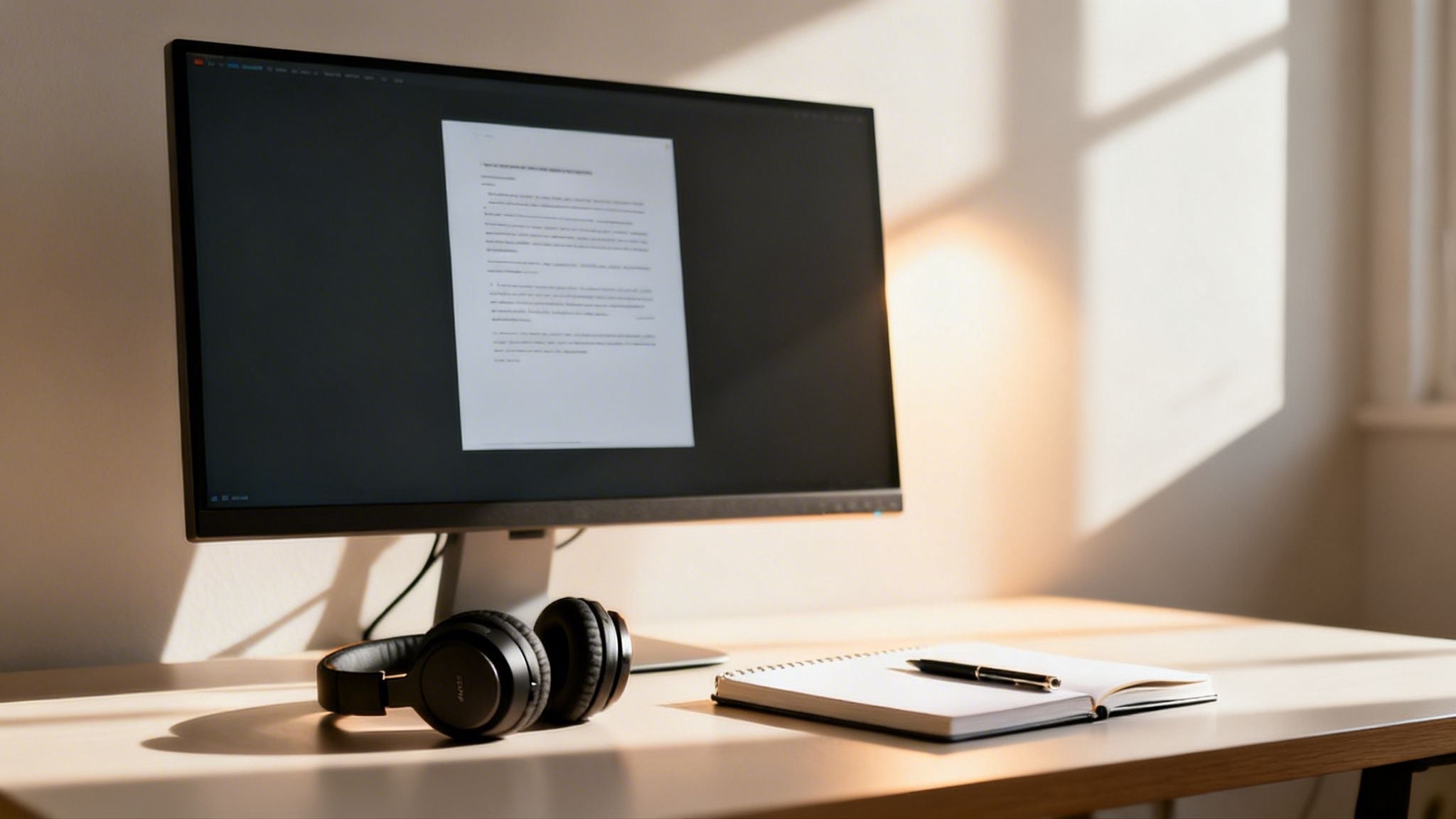 A minimalist workspace featuring a computer monitor, headphones, a notebook, and a pen on a sunlit desk.