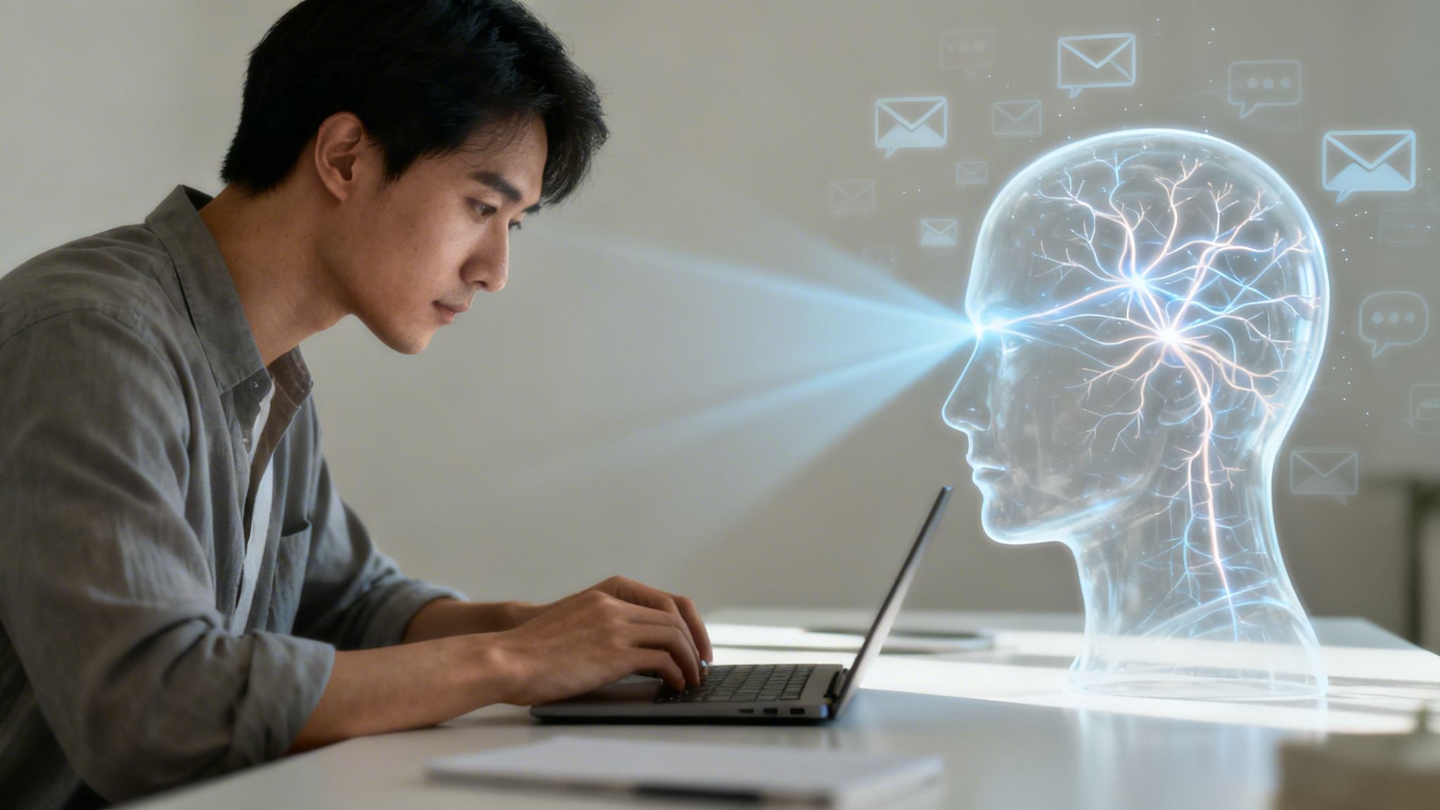 Man focused on laptop with glowing digital brain and surrounding information icons.