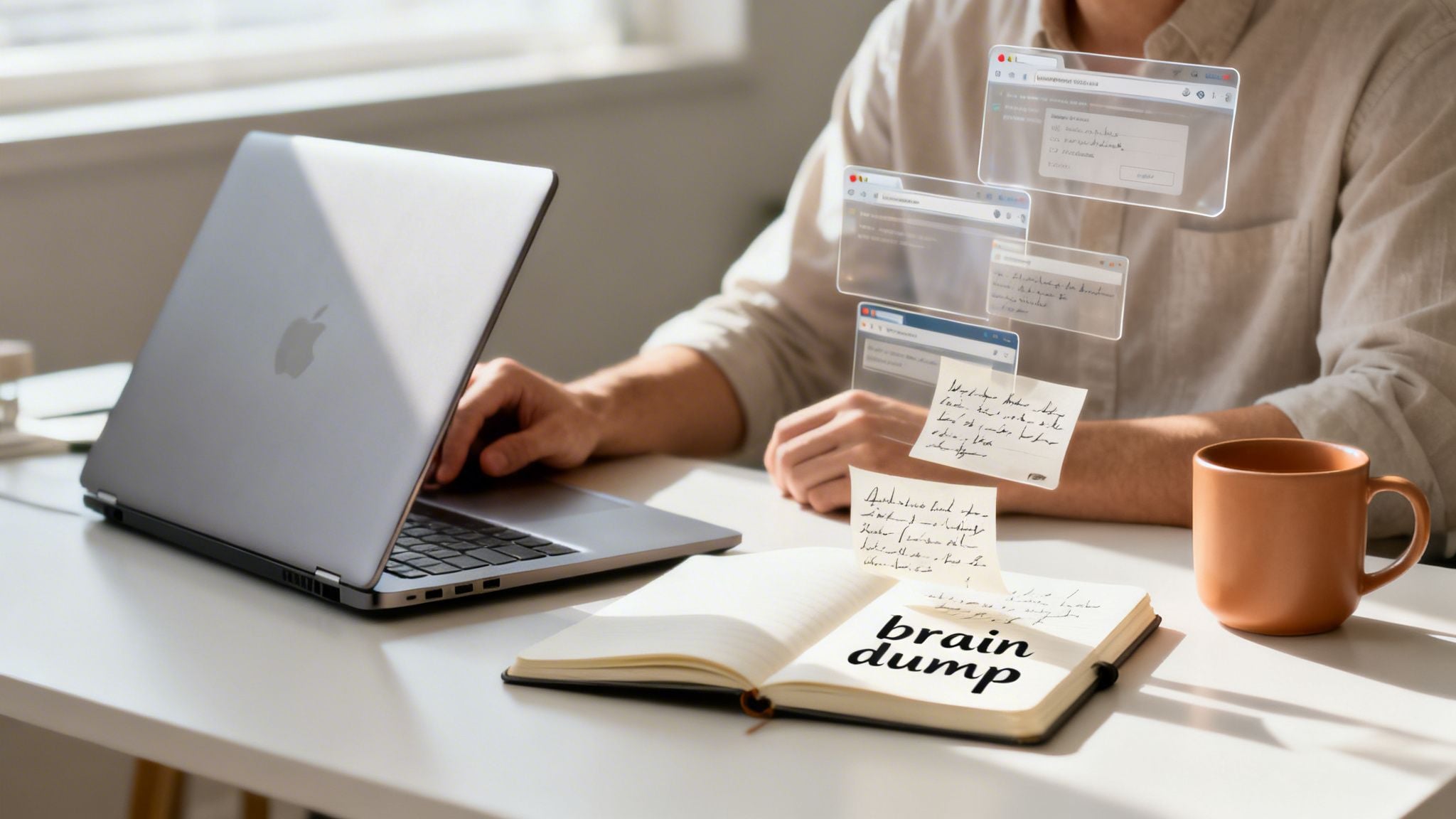 A person at a desk with a laptop and a notebook open to 'brain dump' page, surrounded by floating digital notes.