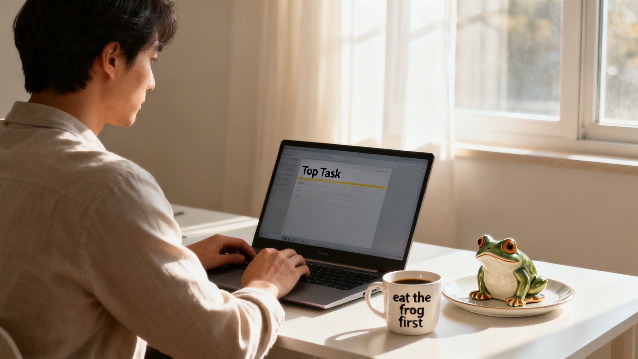 A person types on a laptop next to a mug saying 'eat the frog first' and a frog figurine.