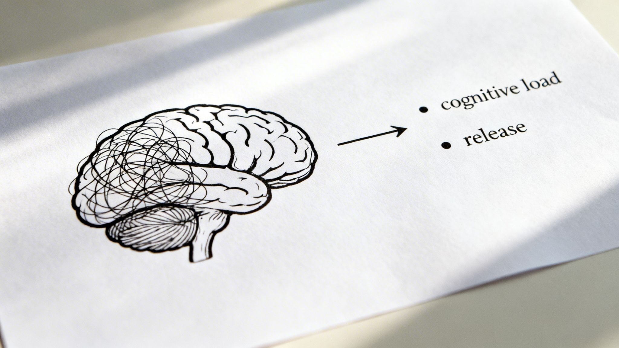 A drawing of a brain on paper, showing scribbles representing cognitive load and an arrow pointing to 'release'.