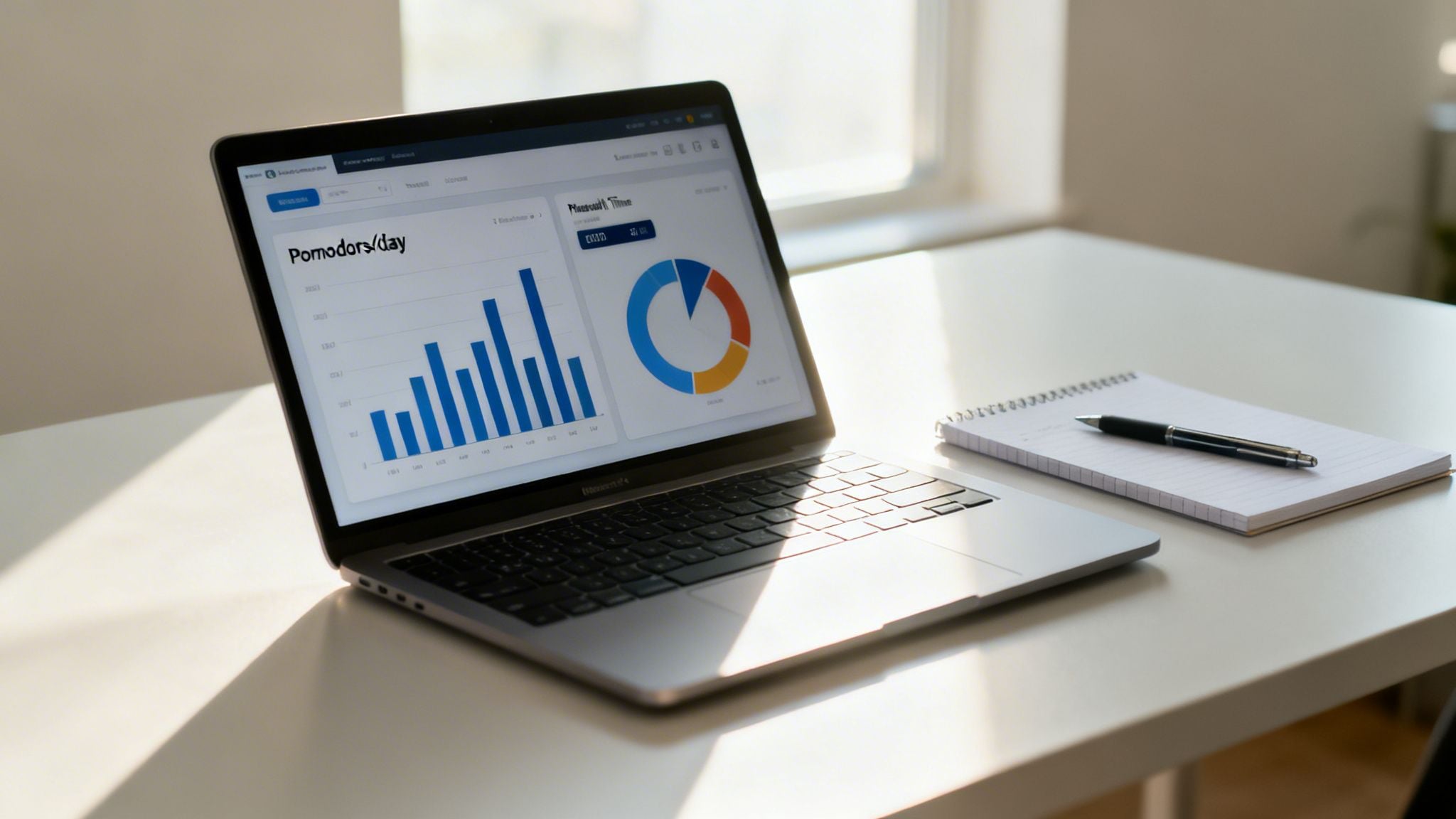 A laptop on a clean desk displaying a digital productivity dashboard with Pomodoro stats and charts.