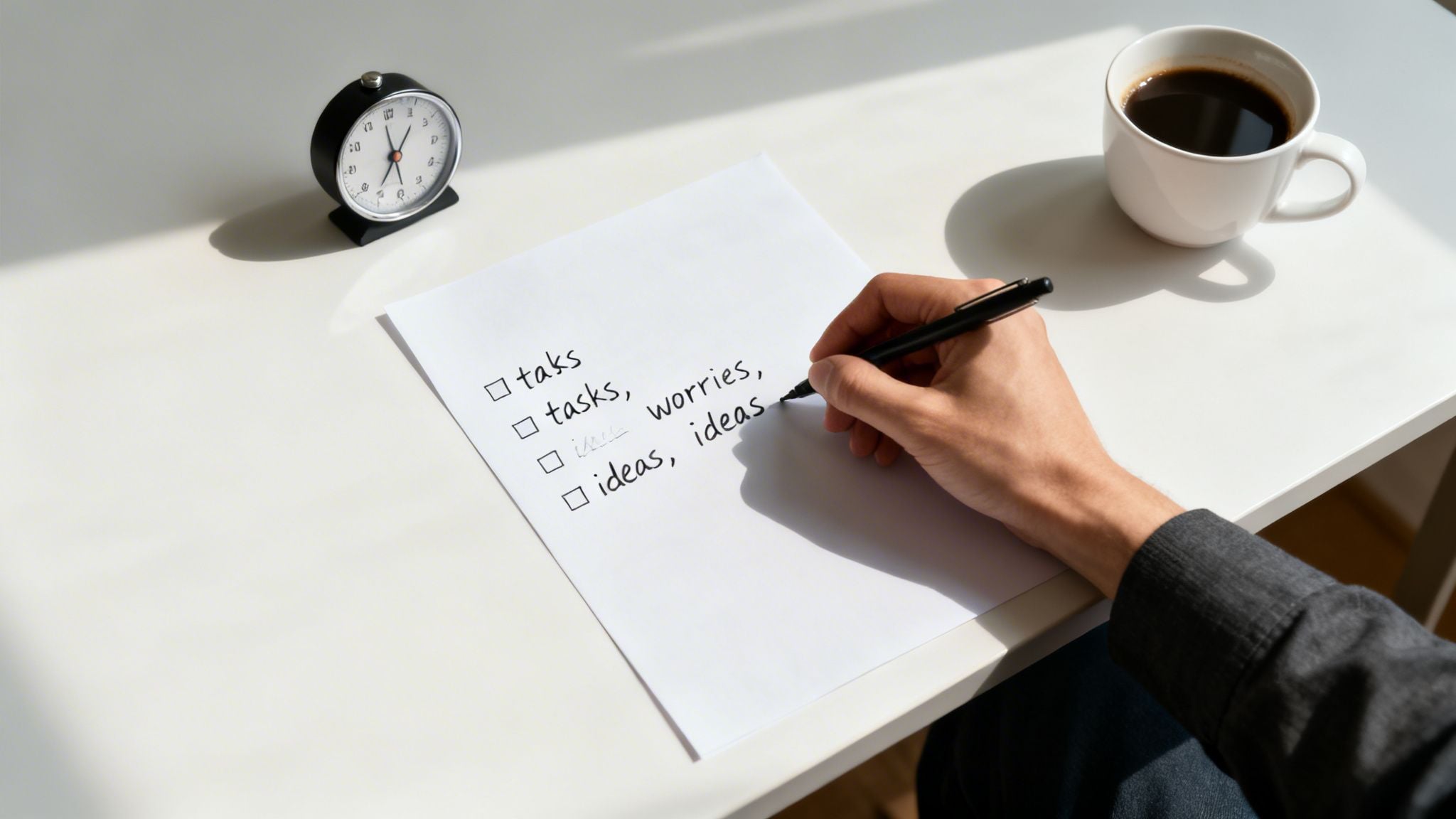 A person's hand writing a checklist of tasks, worries, and ideas on a white paper next to an alarm clock and coffee cup.