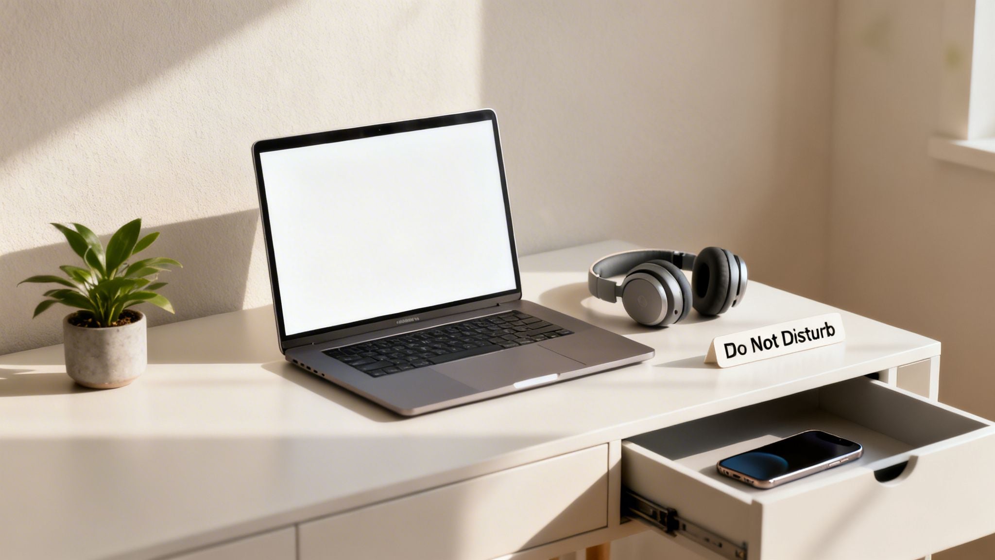 Minimalist home office desk with a laptop, headphones, plant, and 'Do Not Disturb' sign in sunlight.