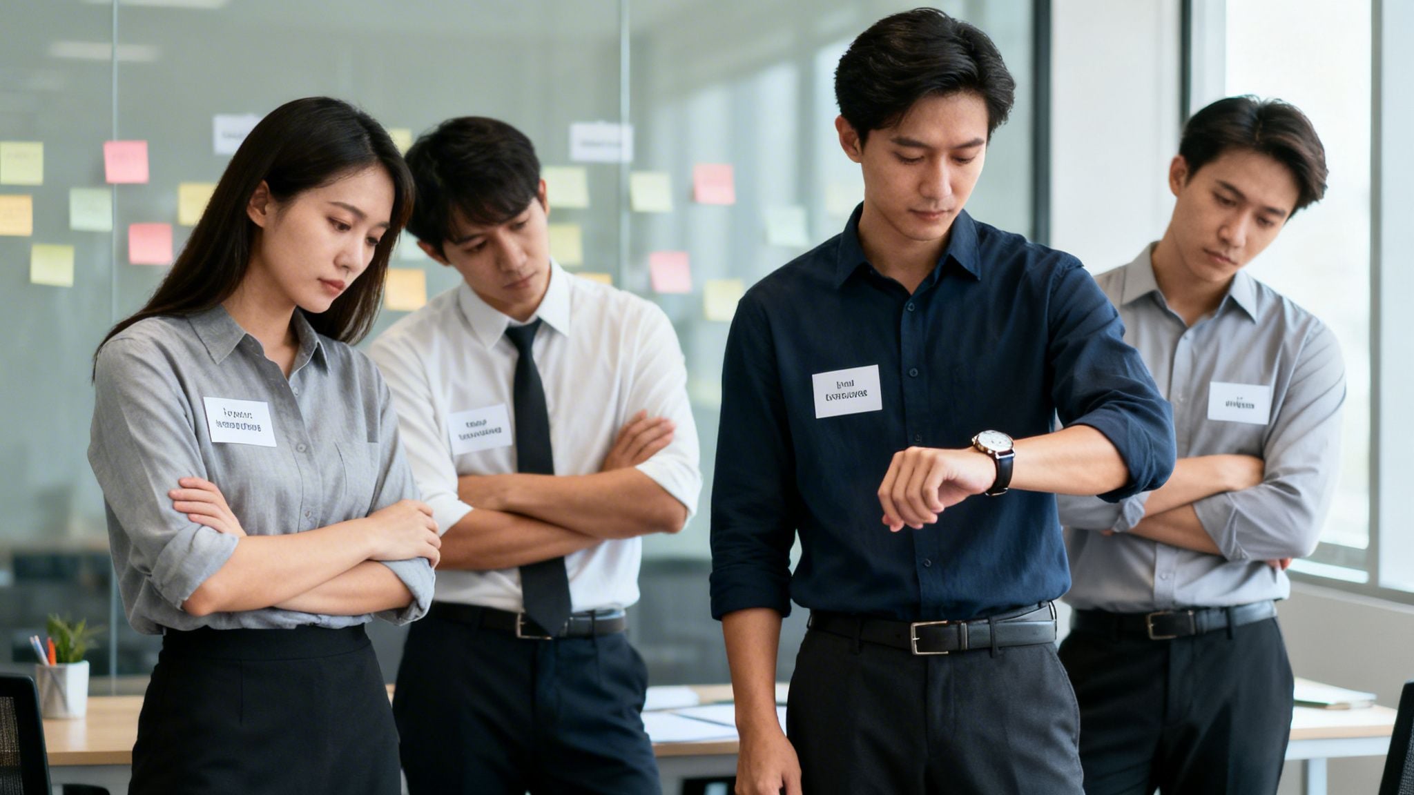 Diverse young professionals in an office setting, looking down and waiting impatiently during a meeting.
