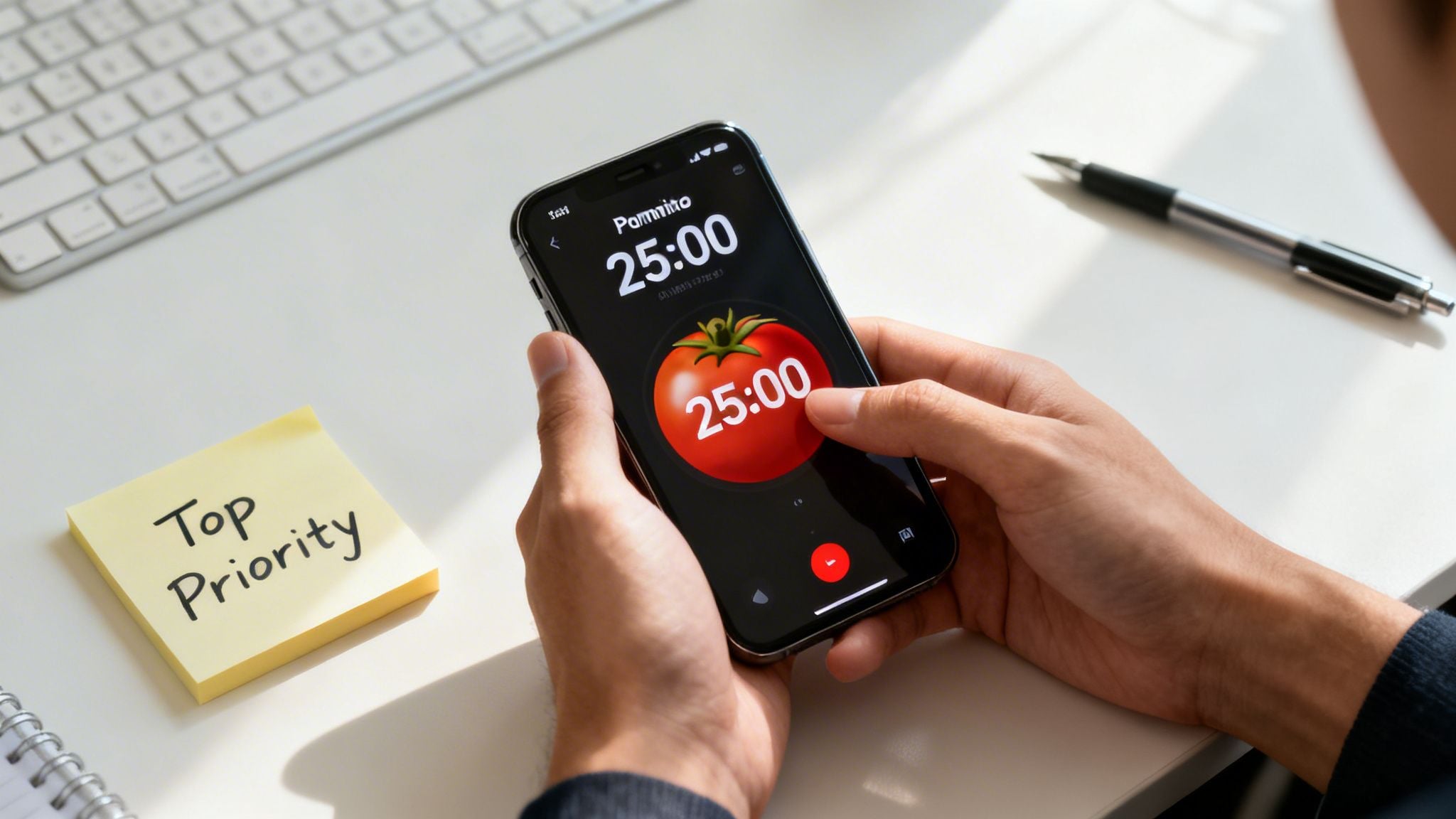 Hands holding a smartphone running a Pomodoro timer app, showing 25:00. A 'Top Priority' sticky note is on the desk.