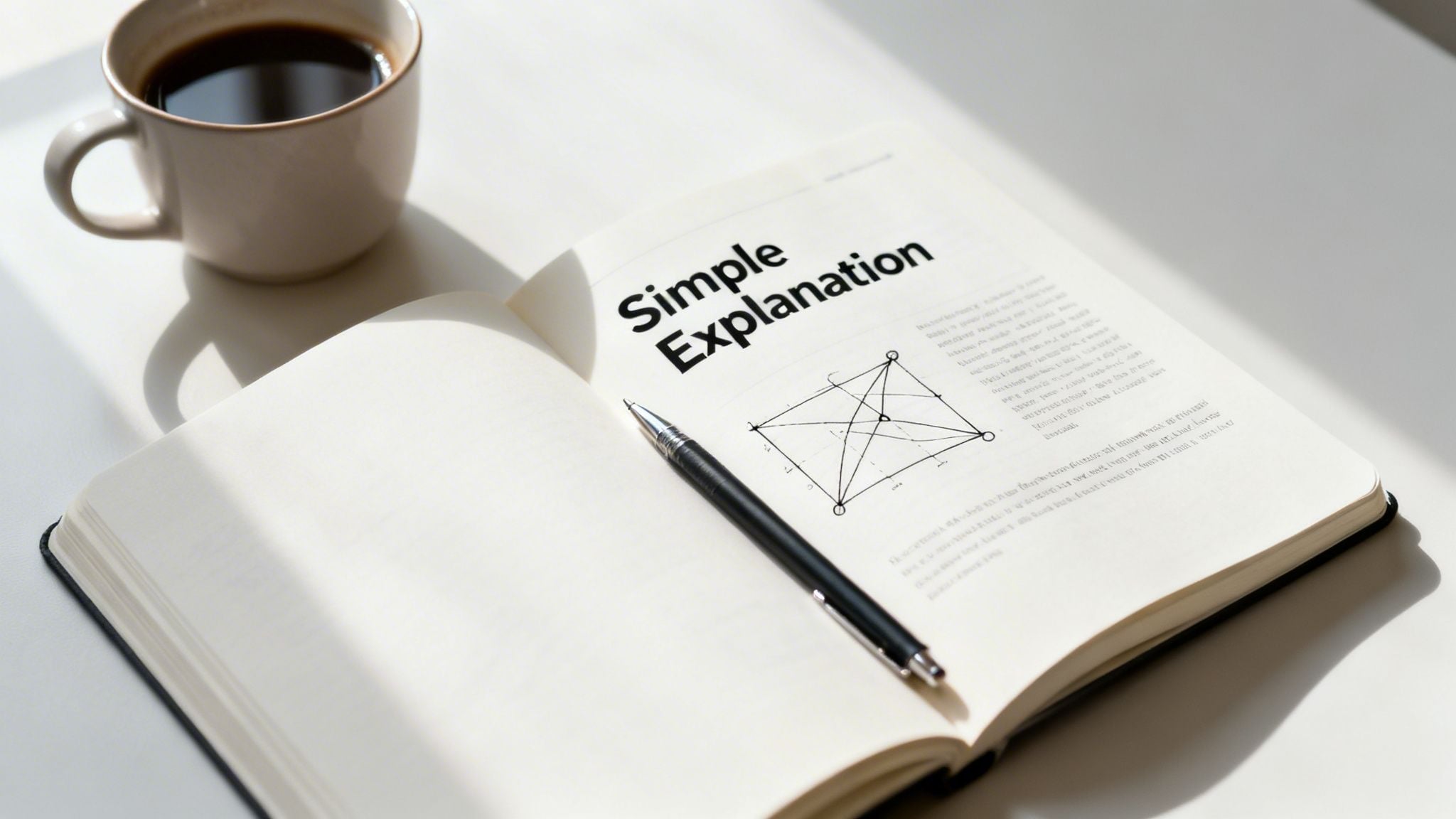 Open notebook displaying 'Simple Explanation' title and geometric diagram, with a pen and coffee cup.