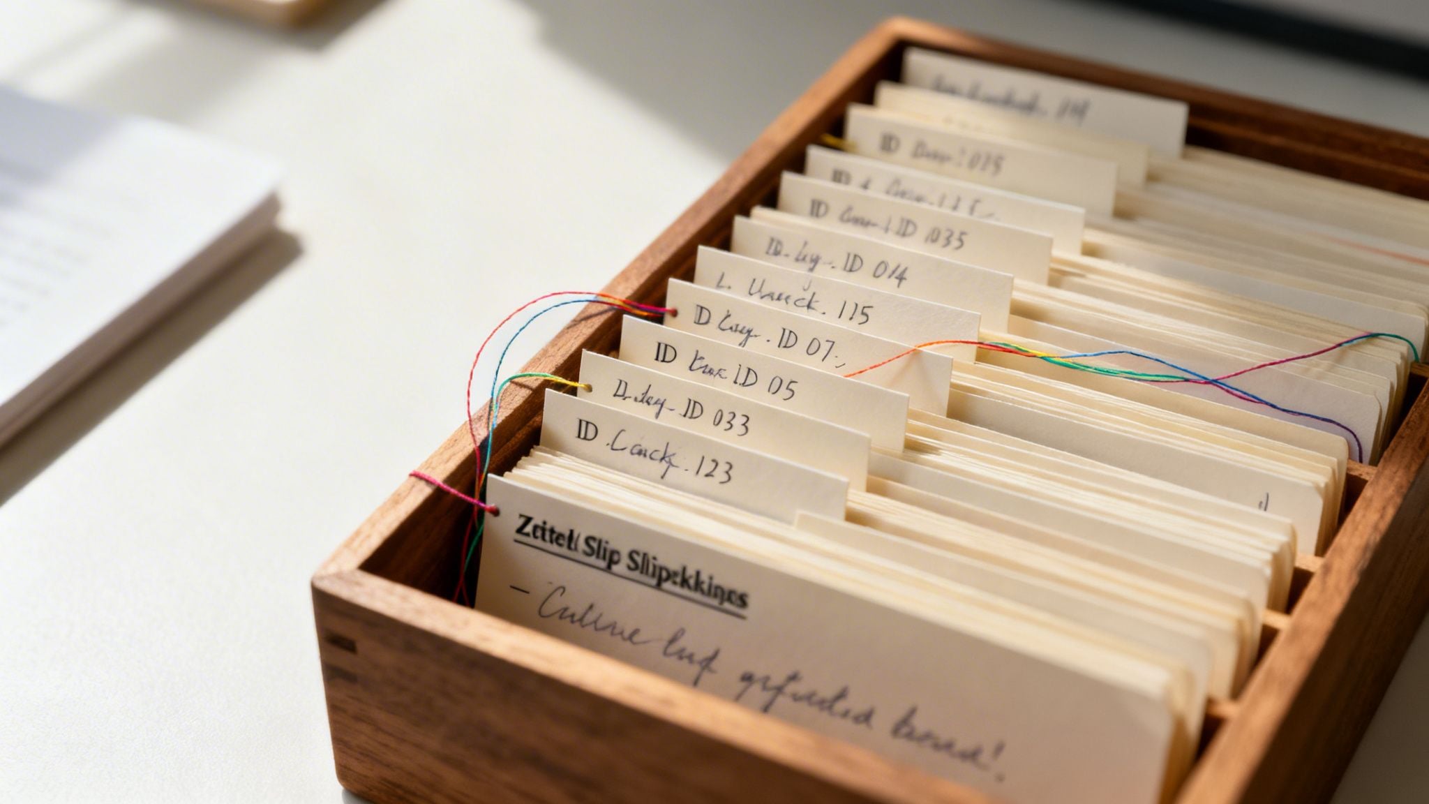 A wooden Zettelkasten box filled with handwritten index cards and colorful threads.