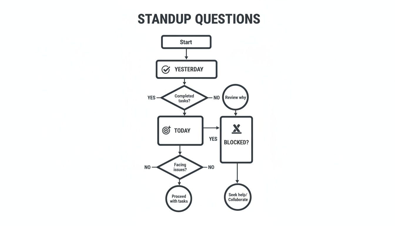A flowchart outlining daily standup questions covering yesterday's tasks, today's focus, and potential blockers.
