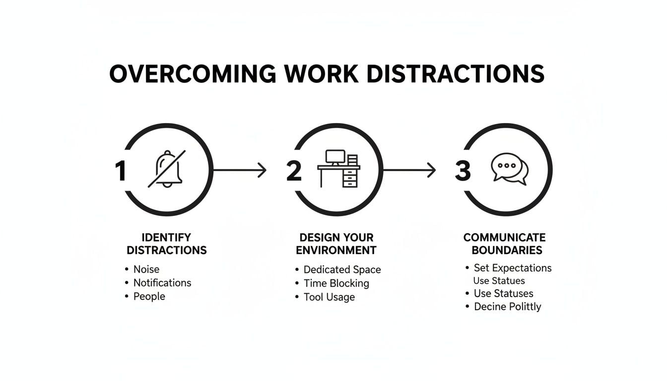 A three-step guide for overcoming work distractions: identify, design environment, and communicate boundaries.