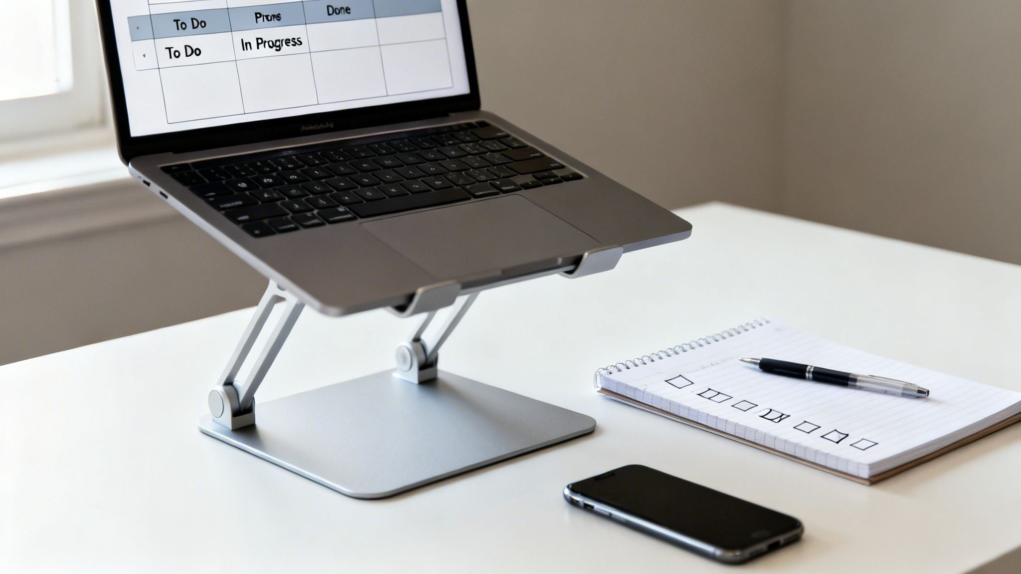 A silver laptop on a stand, a notebook with a pen, and a smartphone on a white desk.