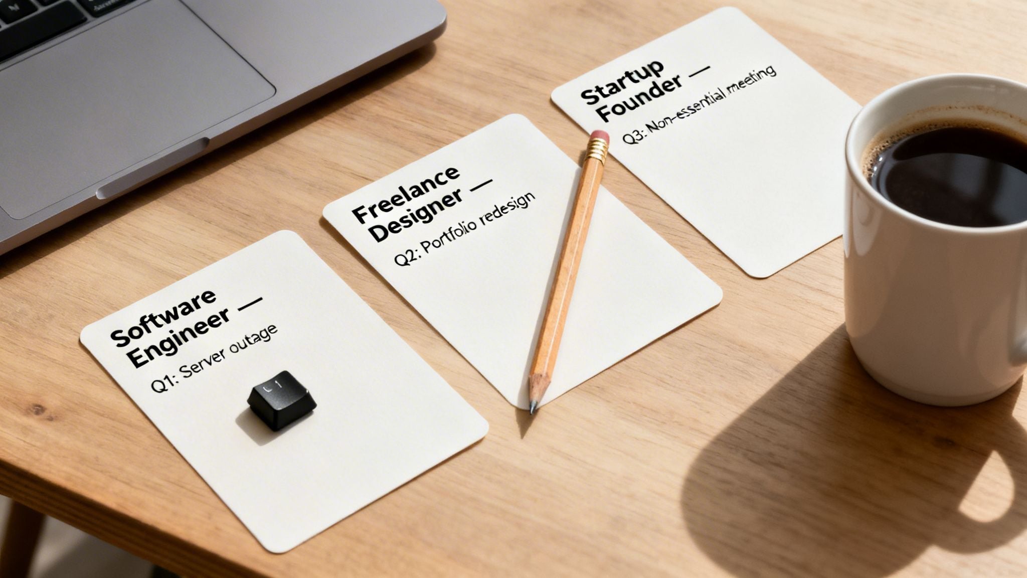 Desk with job role cards, showing tasks like server outage, portfolio redesign, and non-essential meeting.