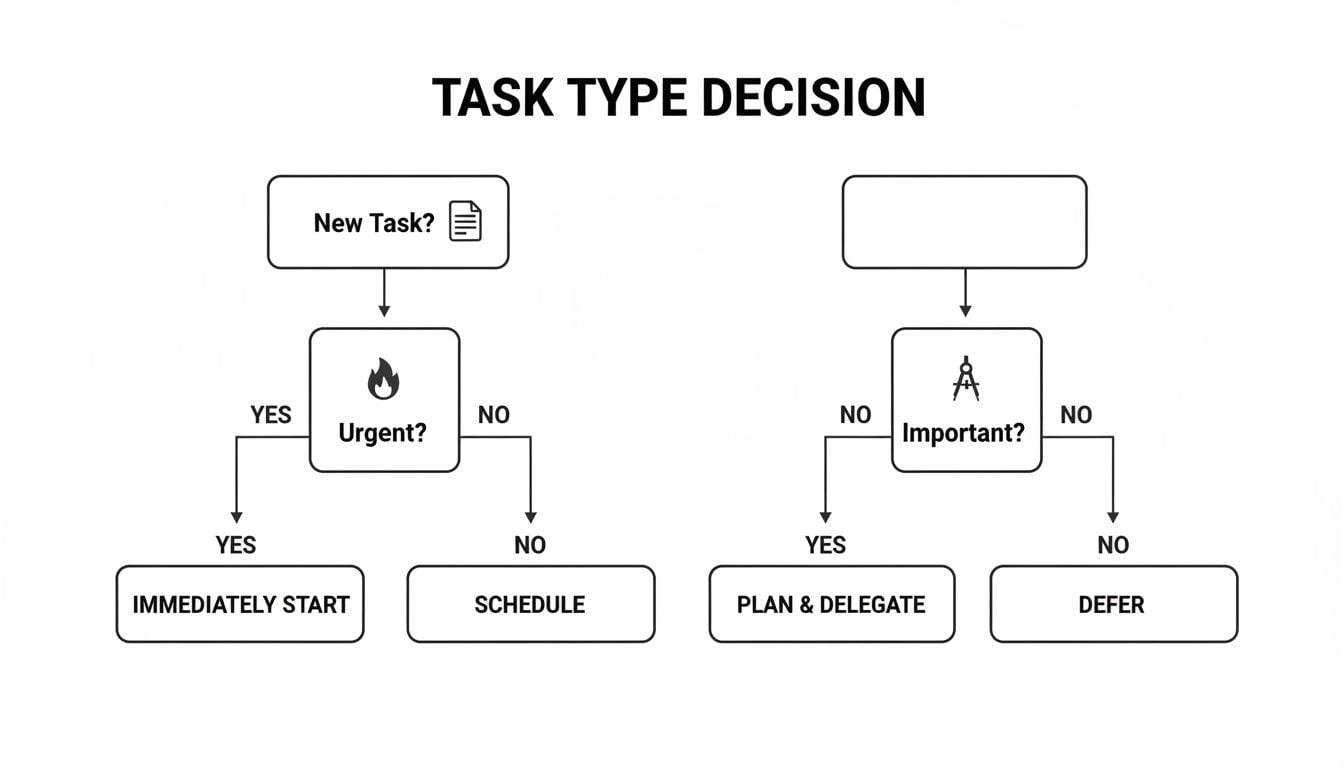 Flowchart for task type decision, categorizing tasks by urgency and importance for action.